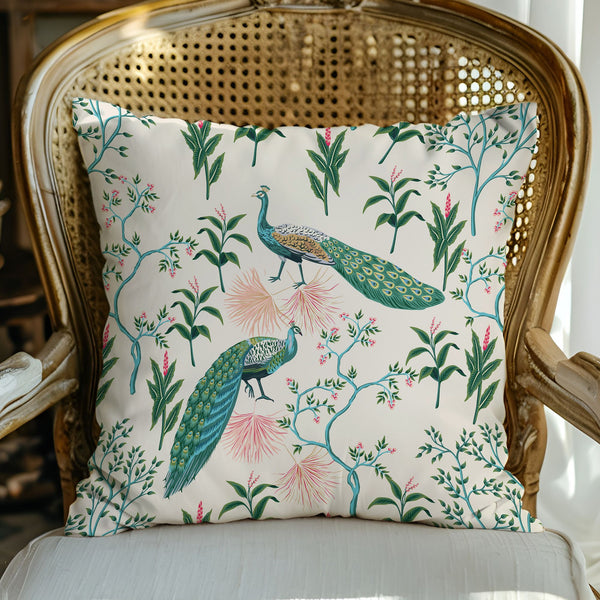 rattan chair with Chinoiserie Beige Peacocks Chinoiserie throw PILLOW from Blue Water Songs on it