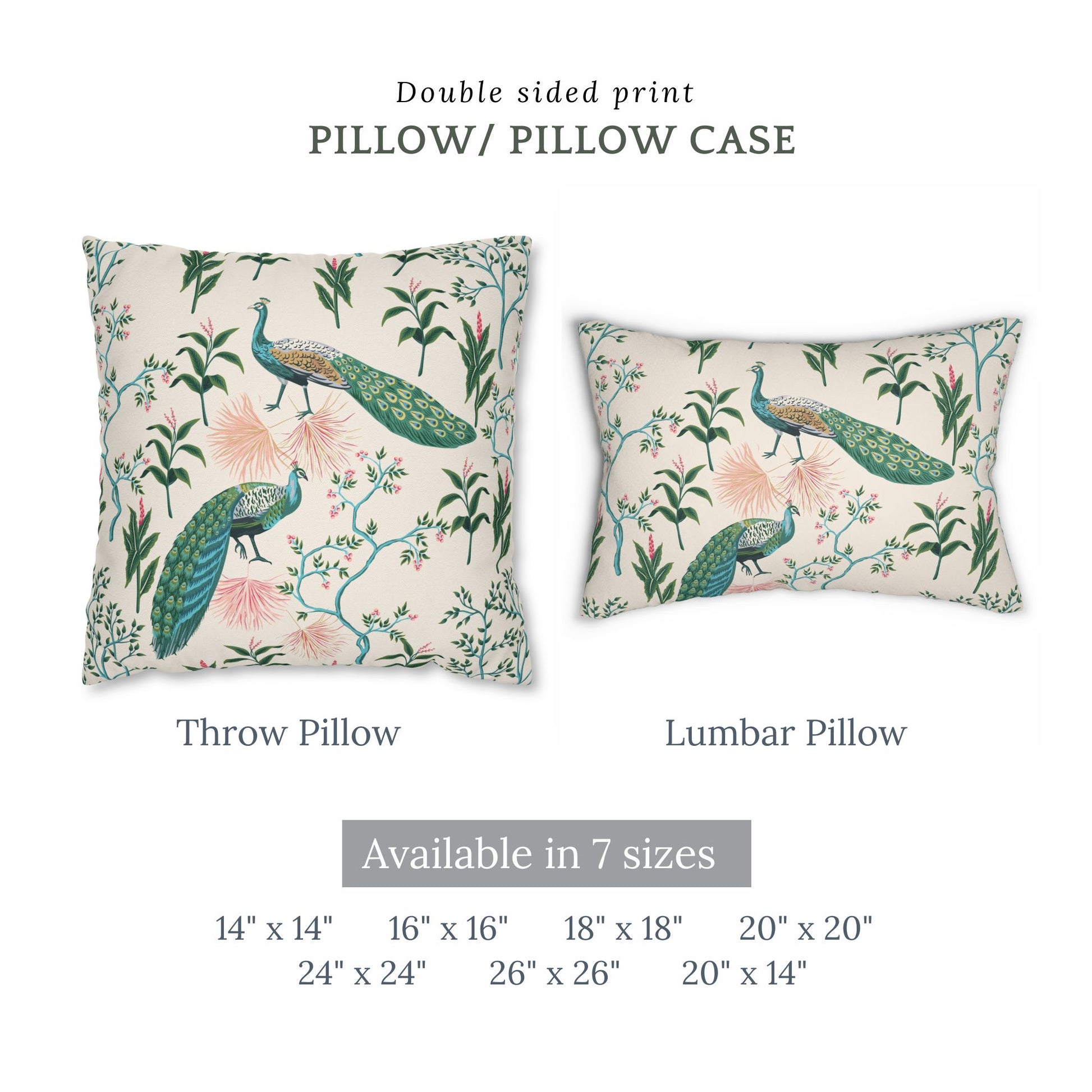 Sizes description of Chinoiserie Beige Peacocks Chinoiserie throw PILLOWs from Blue Water Songs