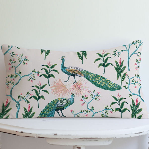 Chinoiserie Beige Peacocks Chinoiserie lumbar PILLOW from Blue Water Songs