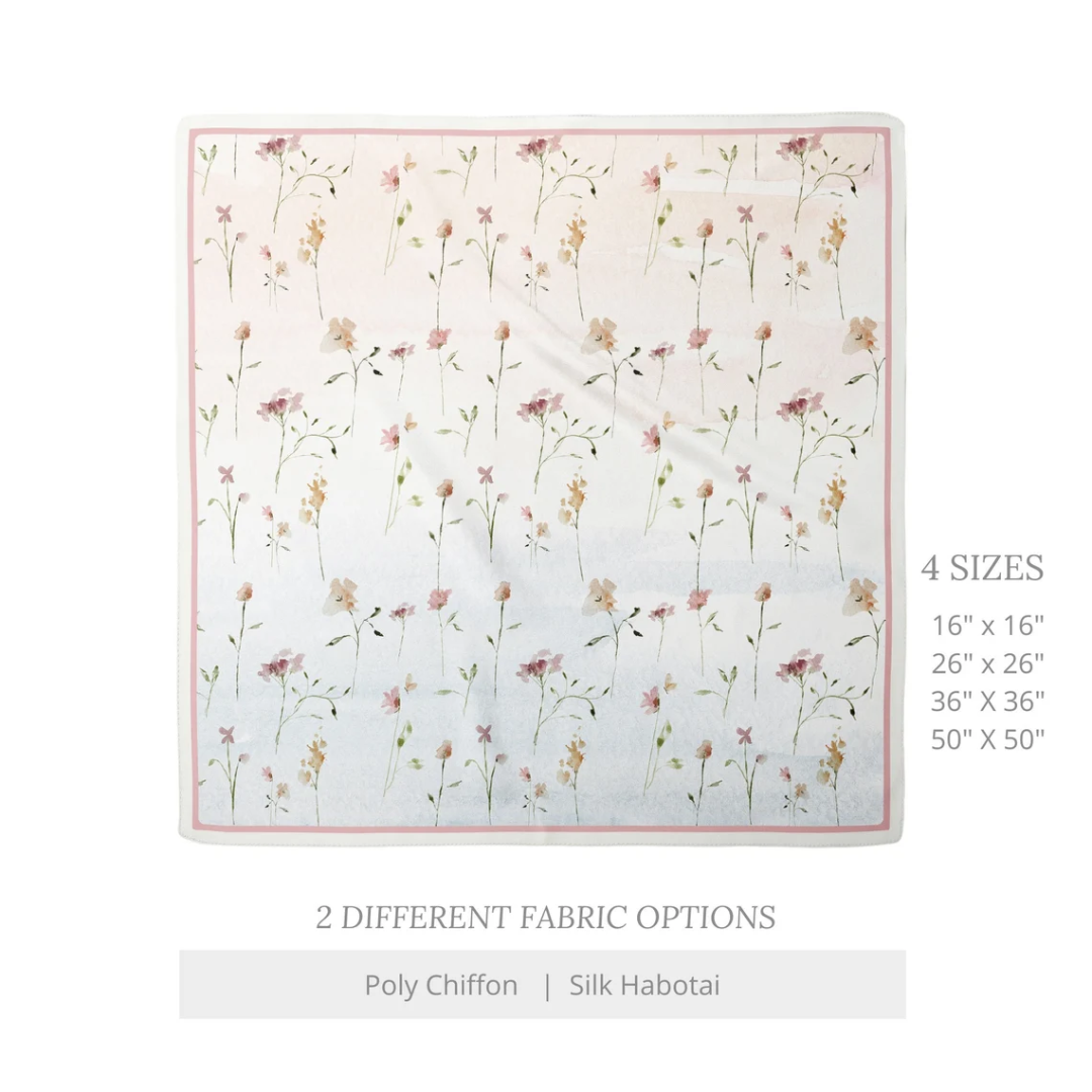 sizes descriptions of Pink Watercolor Wildflowers Silk SCARF from Blue Water Songs