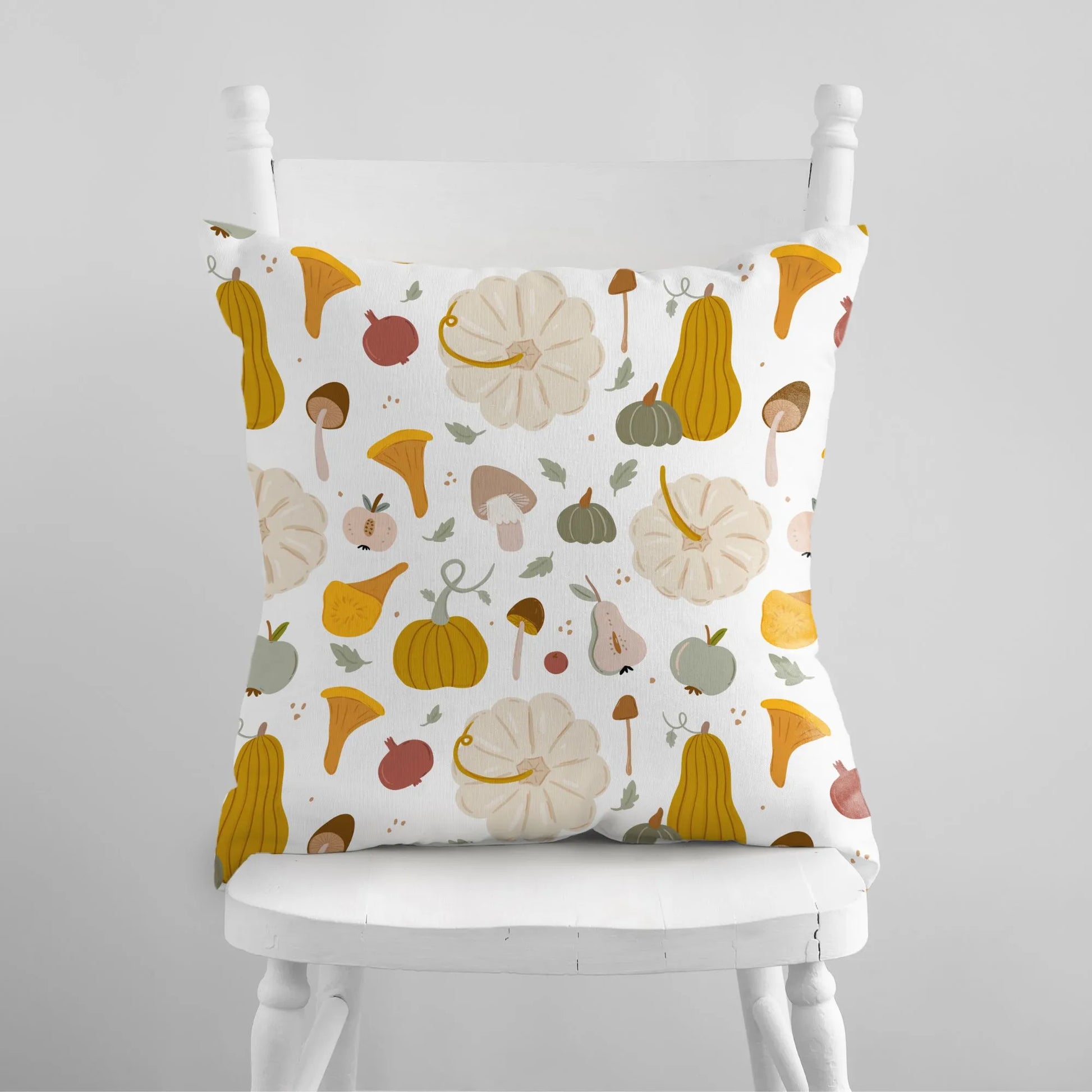 white chair and Pumpkin, Mushroom Fall PILLOW from Blue Water Songs