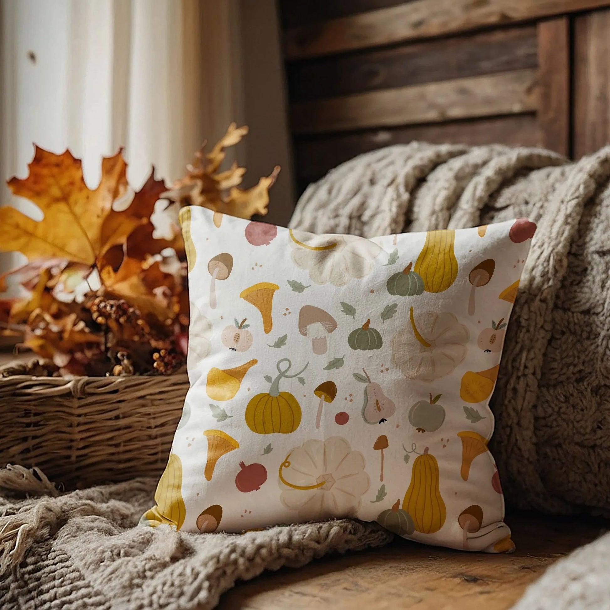 autumn cozy corner with Pumpkin, Mushroom Fall PILLOW from Blue Water Songs