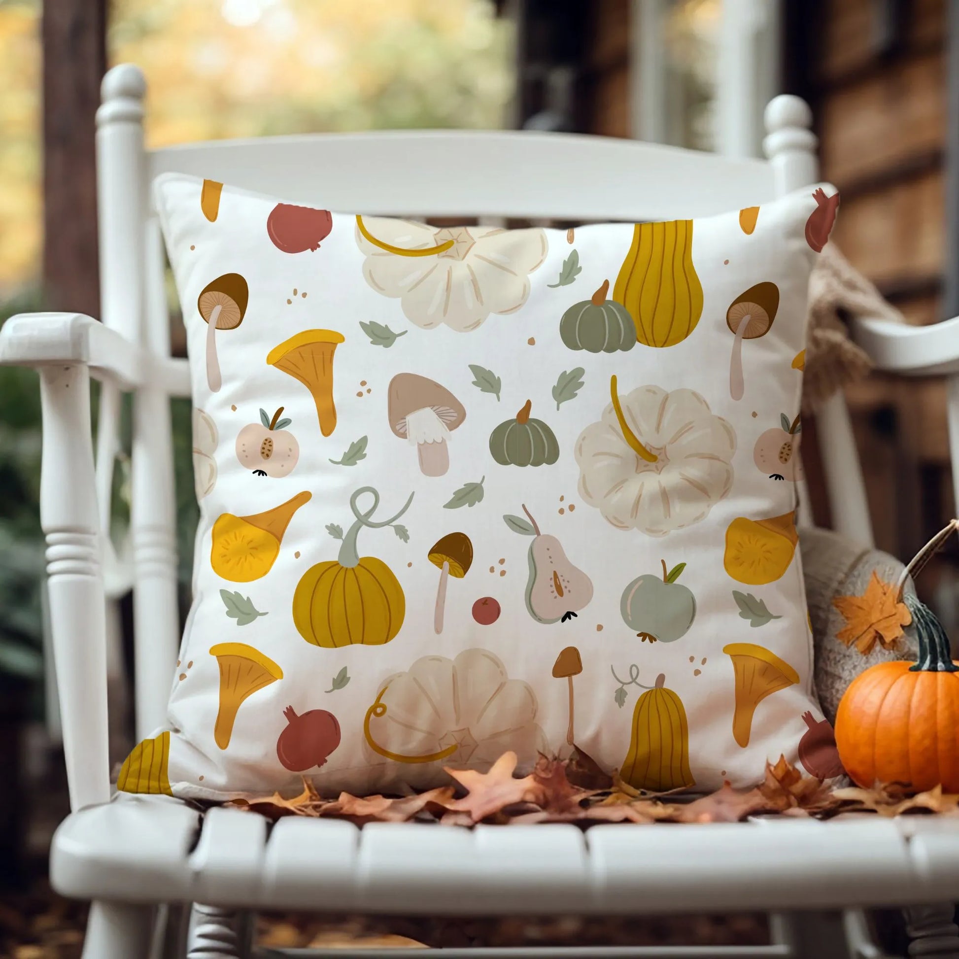 outdoor white chair with Pumpkin, Mushroom Fall PILLOW from Blue Water Songs on it