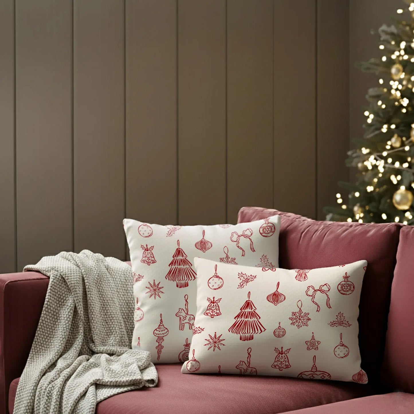 Hand-Drawn Red Ornament Christmas Pillow on a couch with a cozy throw, showcasing festive Nordic design.