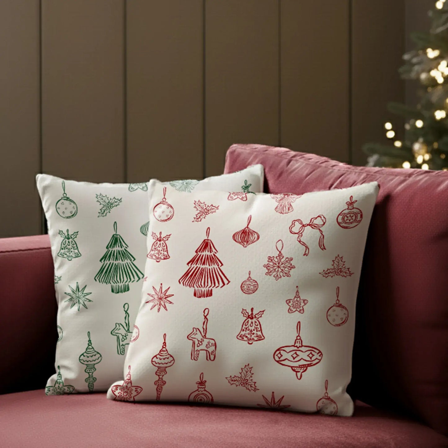 Hand-Drawn Red Ornament Christmas Pillow on a sofa, featuring festive Nordic designs.