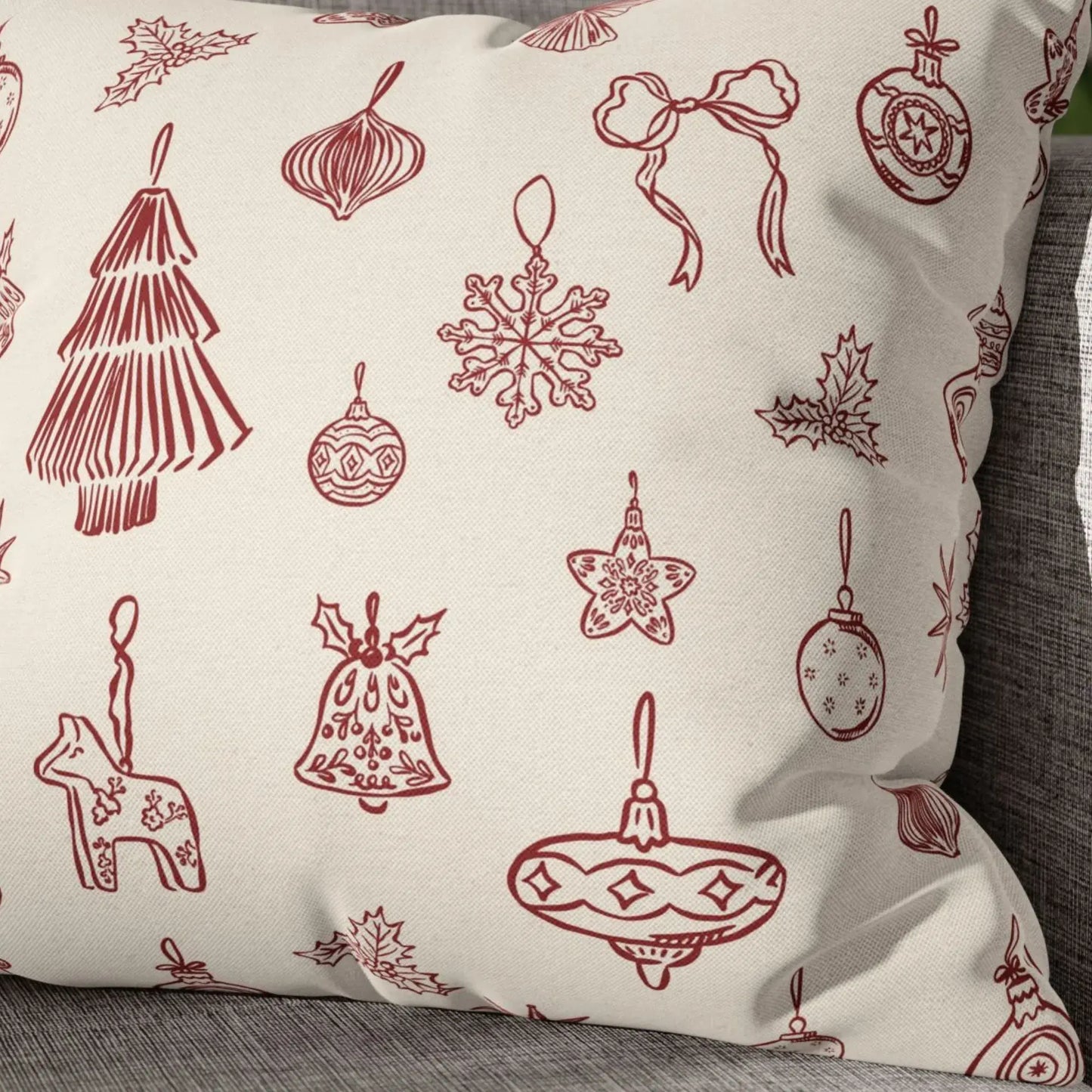 Hand-Drawn Red Ornament Christmas Pillow featuring festive red line-art designs on a soft fabric.