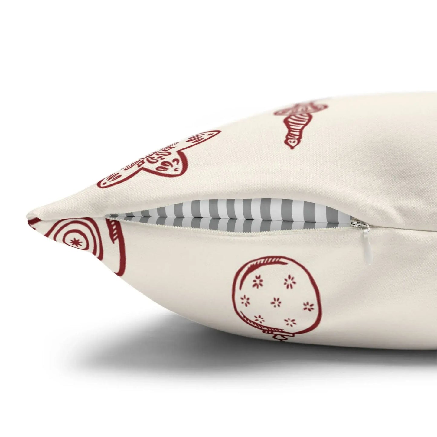 Hand-Drawn Red Ornament Christmas Pillow with zipper detail, showcasing a Nordic art design in festive red tones.