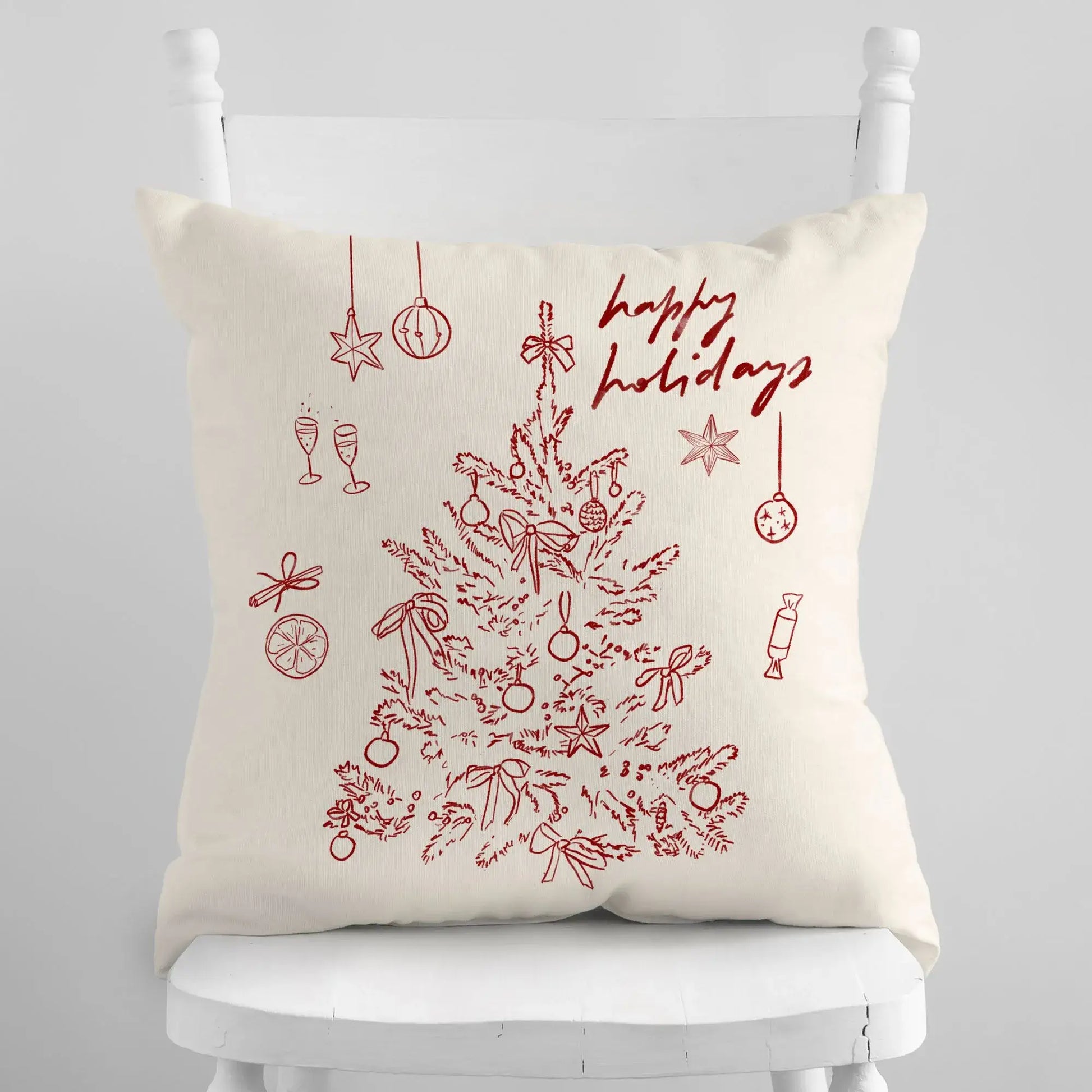 Red Christmas tree pillow cover with hand-drawn festive design and vintage charm