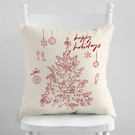 Red Christmas tree pillow cover with hand-drawn festive design and vintage charm