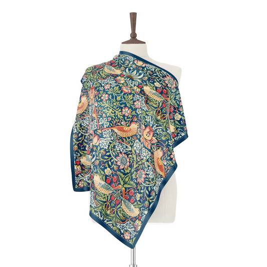 William Morris Strawberry Thief Silk SCARF wrapping around mannequin