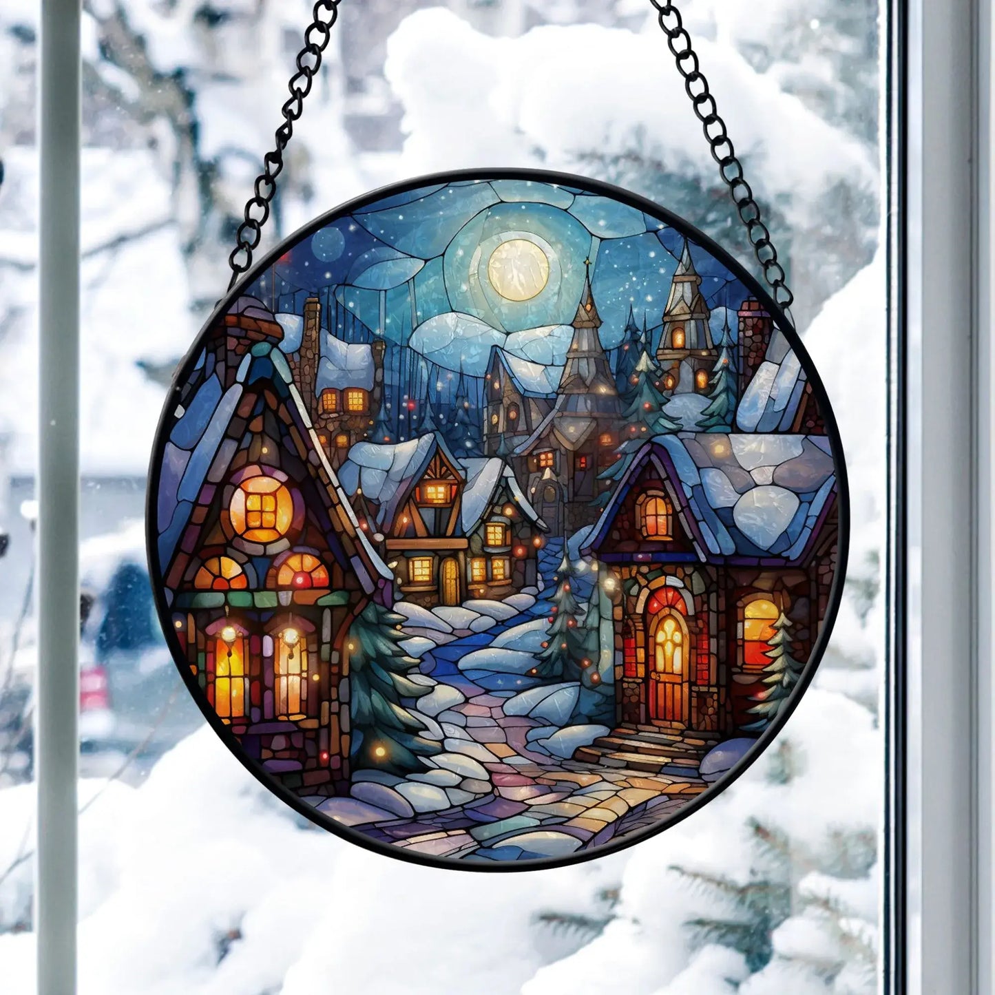 Beautiful winter village stained glass ornament showcasing colorful houses with glowing windows and a snowy backdrop.