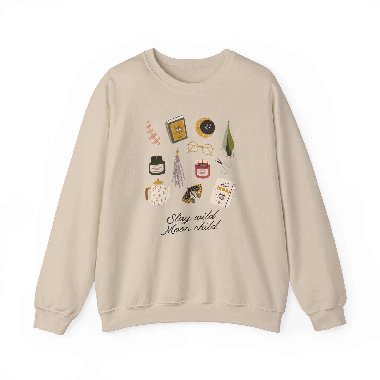 'Stay Wild Moon Child' Botanical Witch SWEATSHIRT from Blue Water Songs - color sand