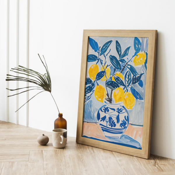 Eclectic Summer Lemon Matte Printed Poster from Blue Water Songs leaning against wall
