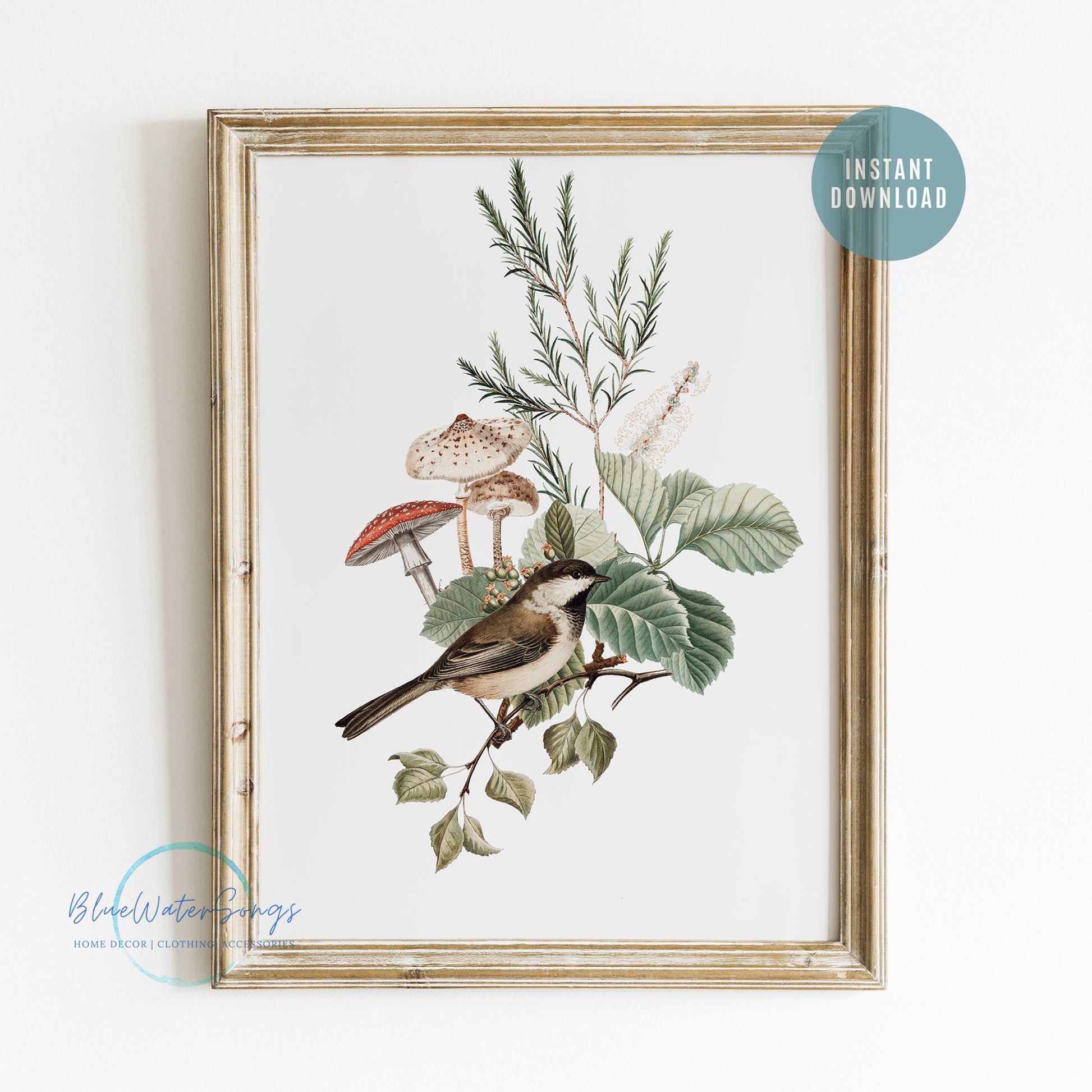 Birds Mushrooms Botanical Vintage Art Print - DIGITAL DOWNLOAD - WOODLAND 2