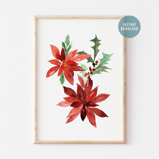 Watercolor Poinsettia Christmas Art - DIGITAL DOWNLOAD