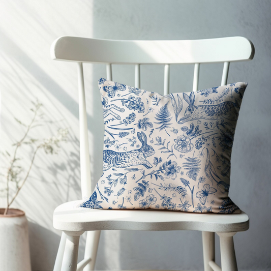 Bunny and spring floral BLUE PILLOW from Blue Water Songs on white chair next to window