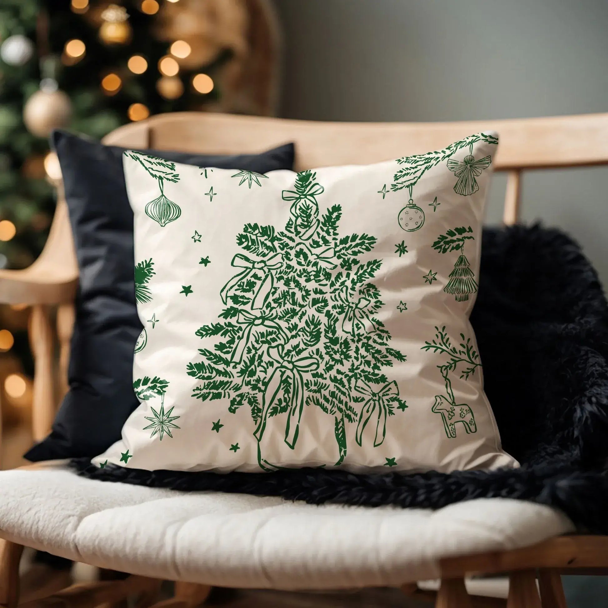 Green botanical vintage Christmas tree pillow cover styled on wooden chair with holiday background