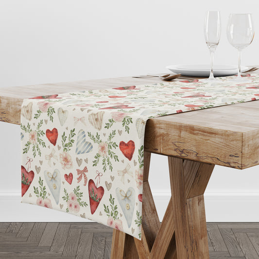 valentine dining table decorated with vintage table runner by Blue Water Songs