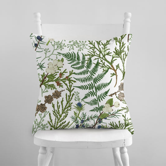 white chair with Vintage Winter Botanical PILLOW from Blue Water Songs