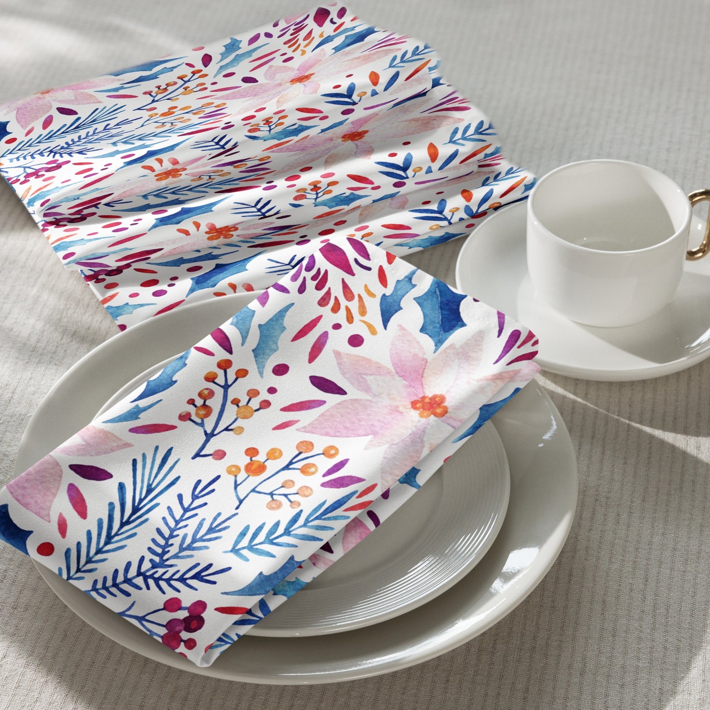 Watercolor Pink Poinsettia and Blue Botanical Cloth Napkins | WINTER24NAN02