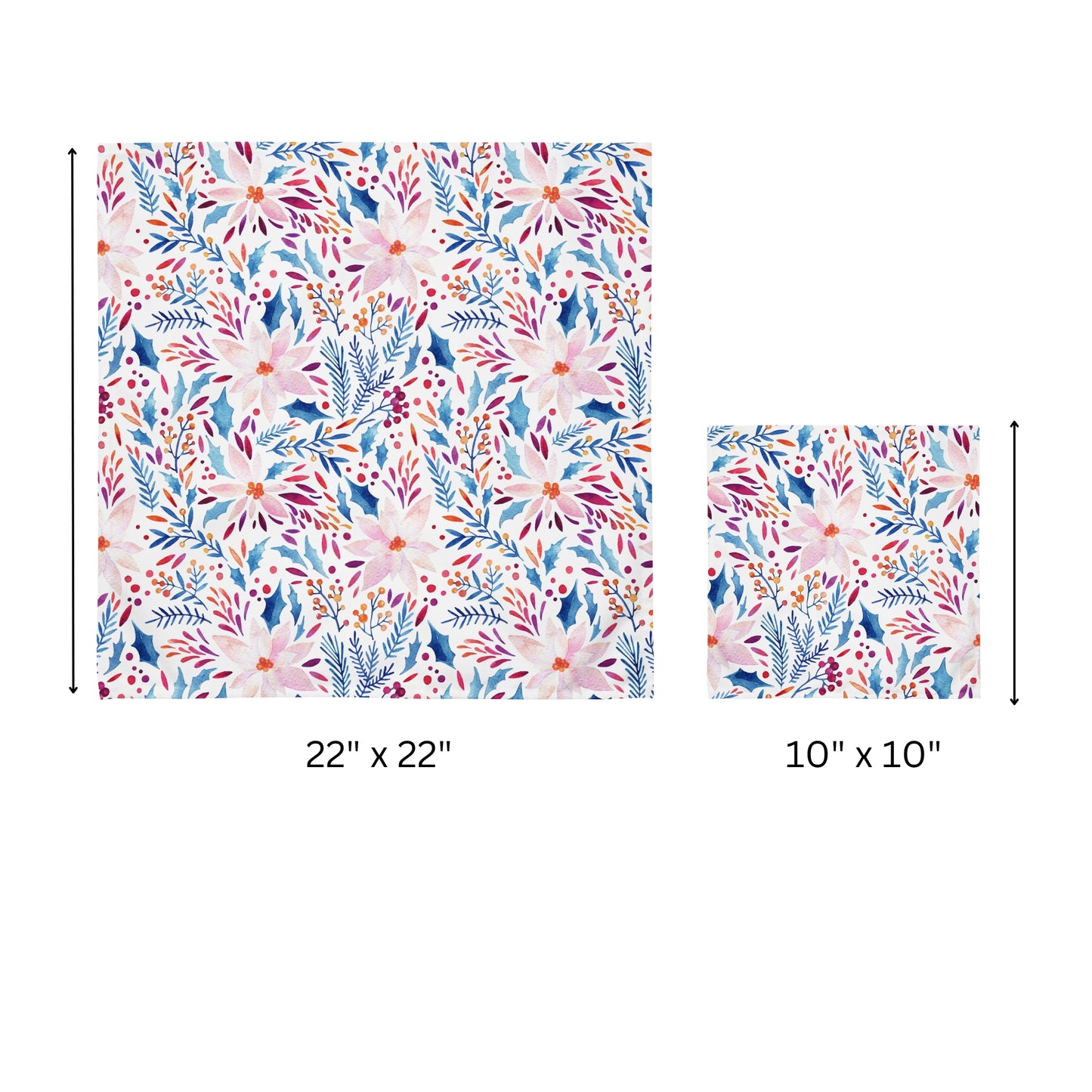 Watercolor Pink Poinsettia and Blue Botanical Cloth Napkins | WINTER24NAN02