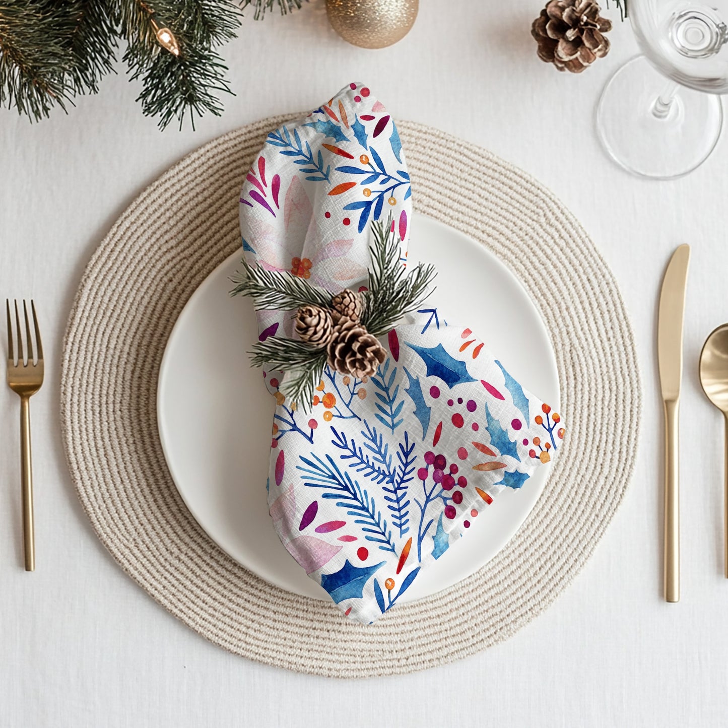 Watercolor Pink Poinsettia and Blue Botanical Cloth Napkins | WINTER24NAN02