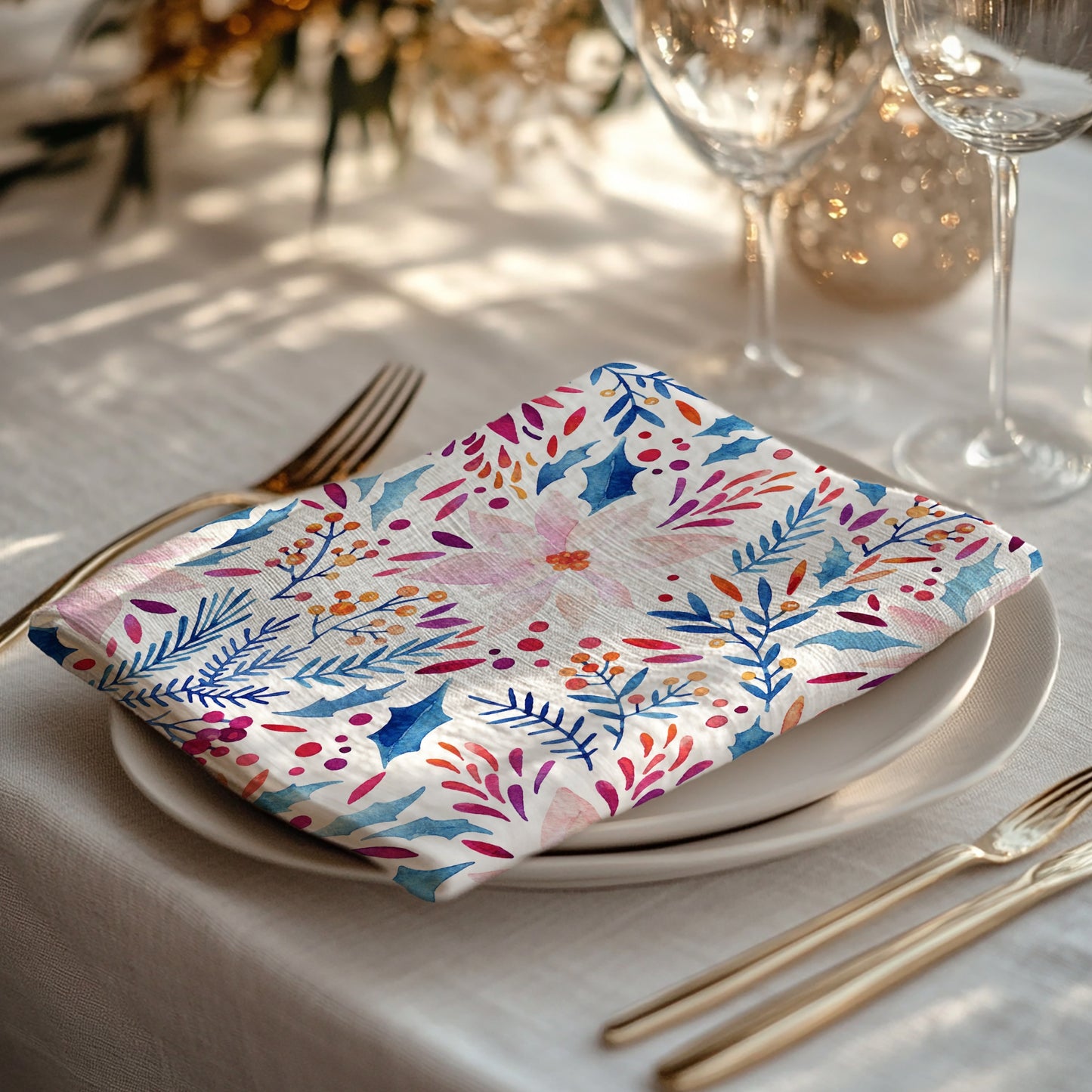 Watercolor Pink Poinsettia and Blue Botanical Cloth Napkins | WINTER24NAN02