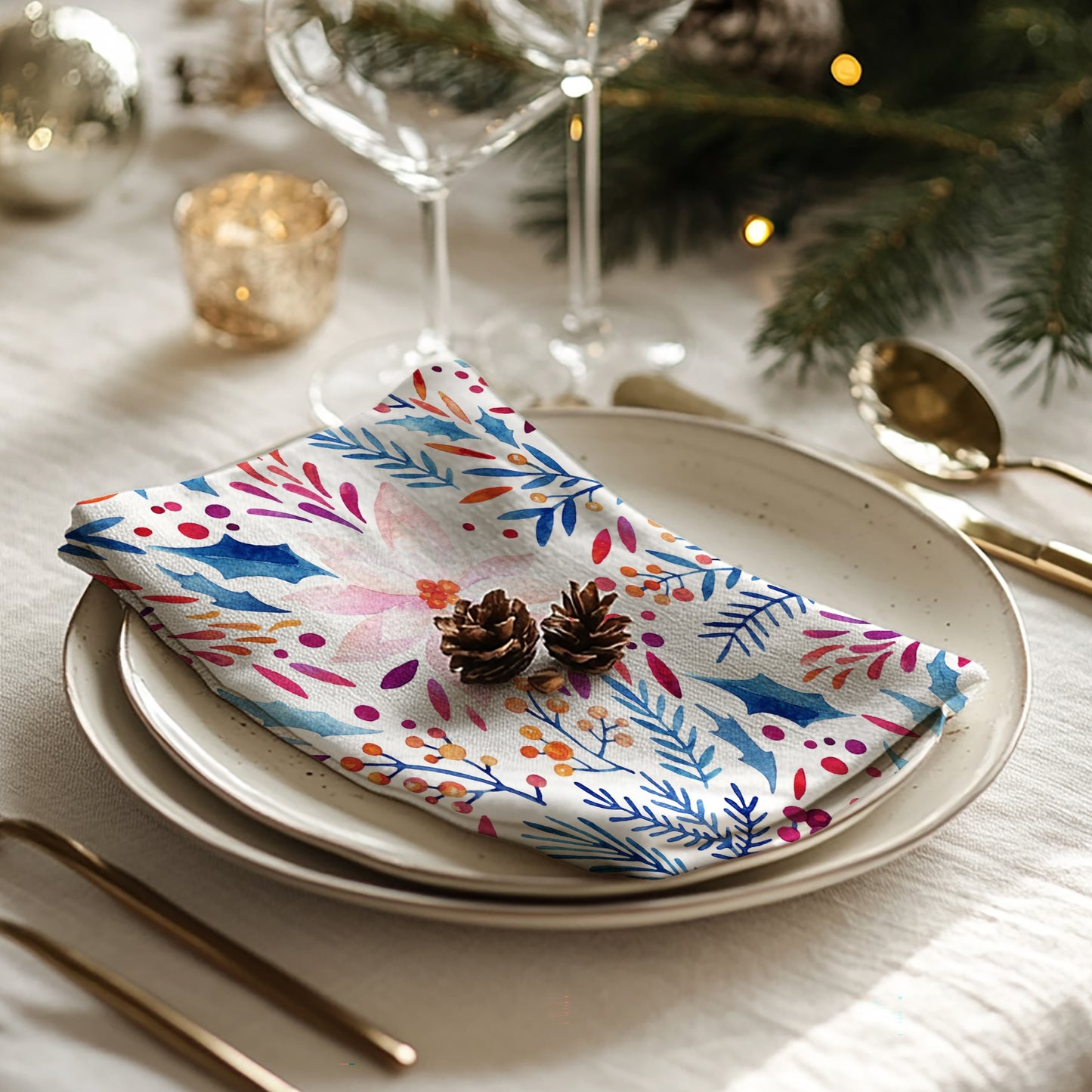 Watercolor Pink Poinsettia and Blue Botanical Cloth Napkins | WINTER24NAN02