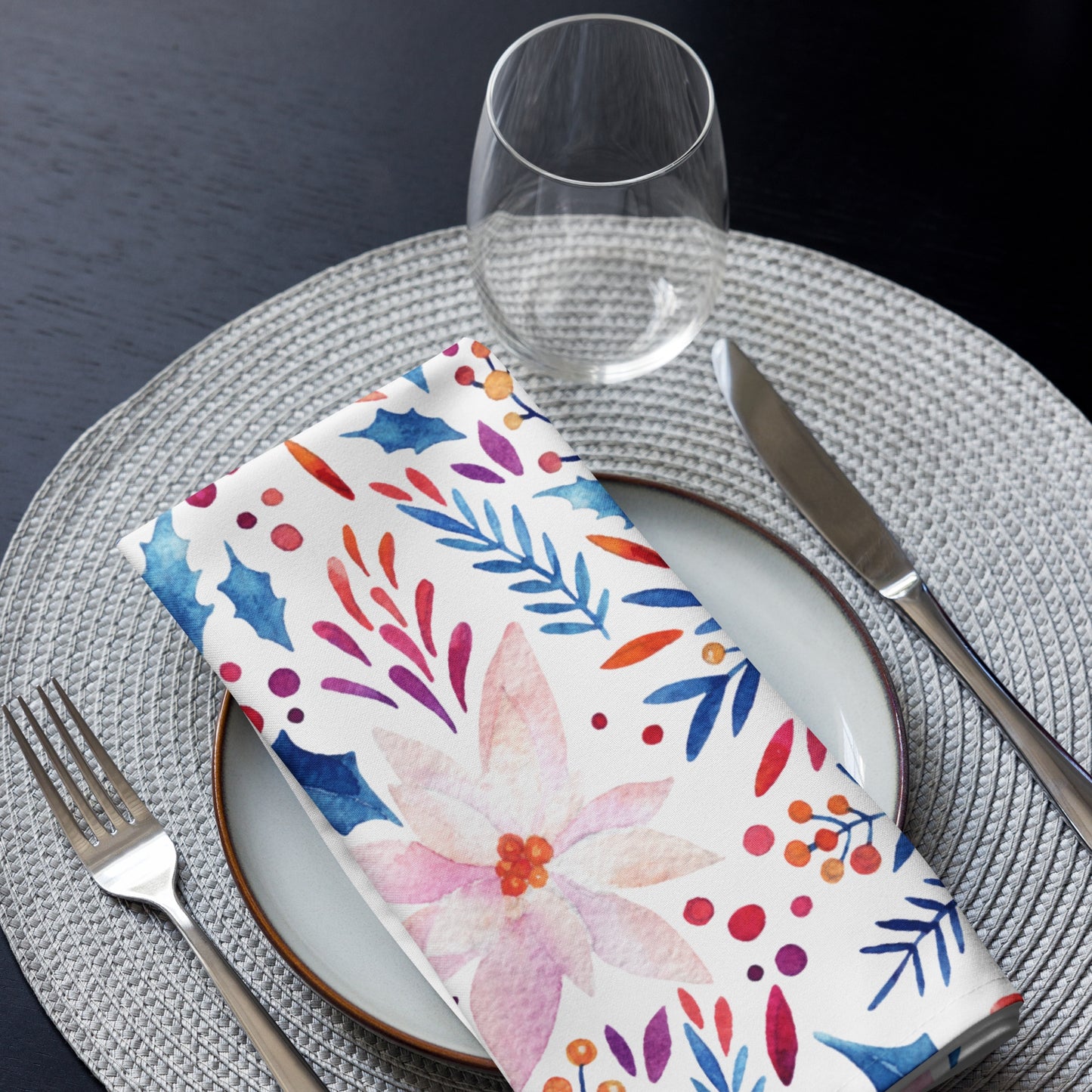 Watercolor Pink Poinsettia and Blue Botanical Cloth Napkins | WINTER24NAN02