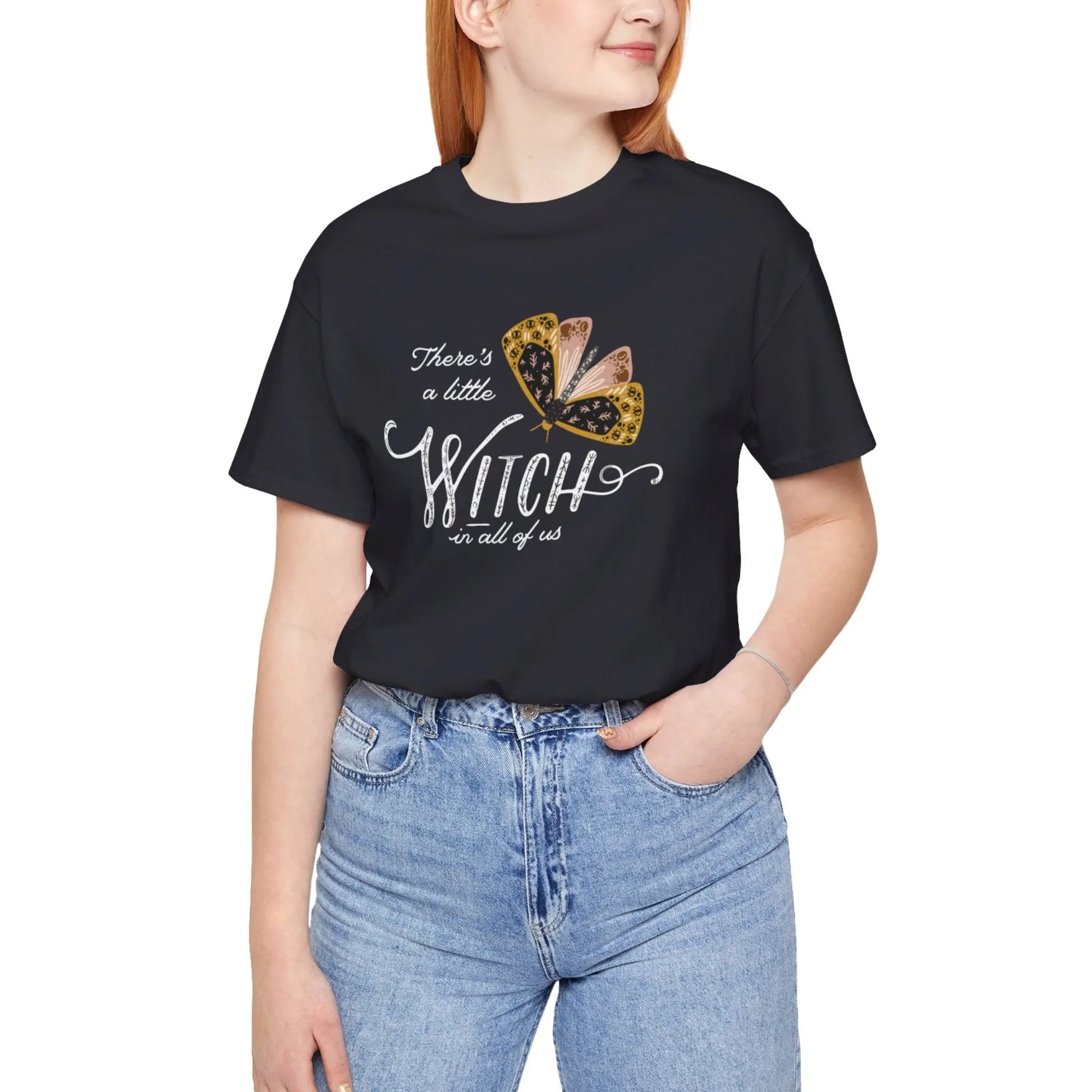 woman in 'There's a little witch in all of us' black T-SHIRT from Blue Water Songs