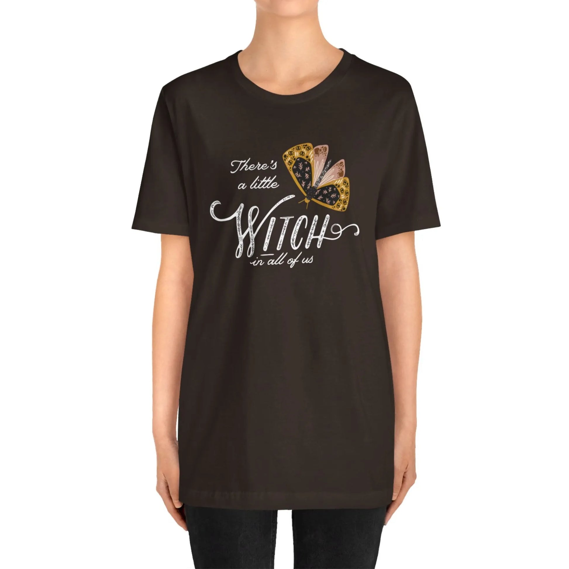 woman in 'There's a little witch in all of us' brown T-SHIRT from Blue Water Songs