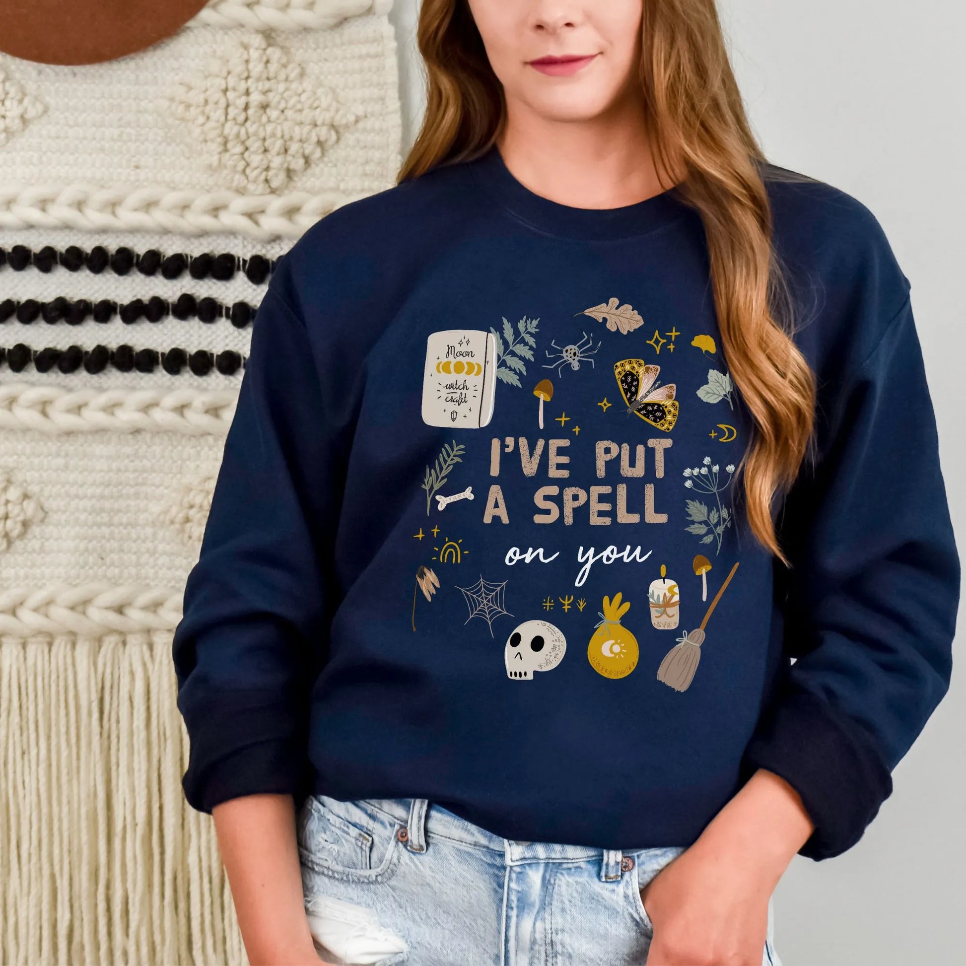 witch cottage in blue 'I put a spell on you' Botanical Witch SWEATSHIRT from Blue Water Songs