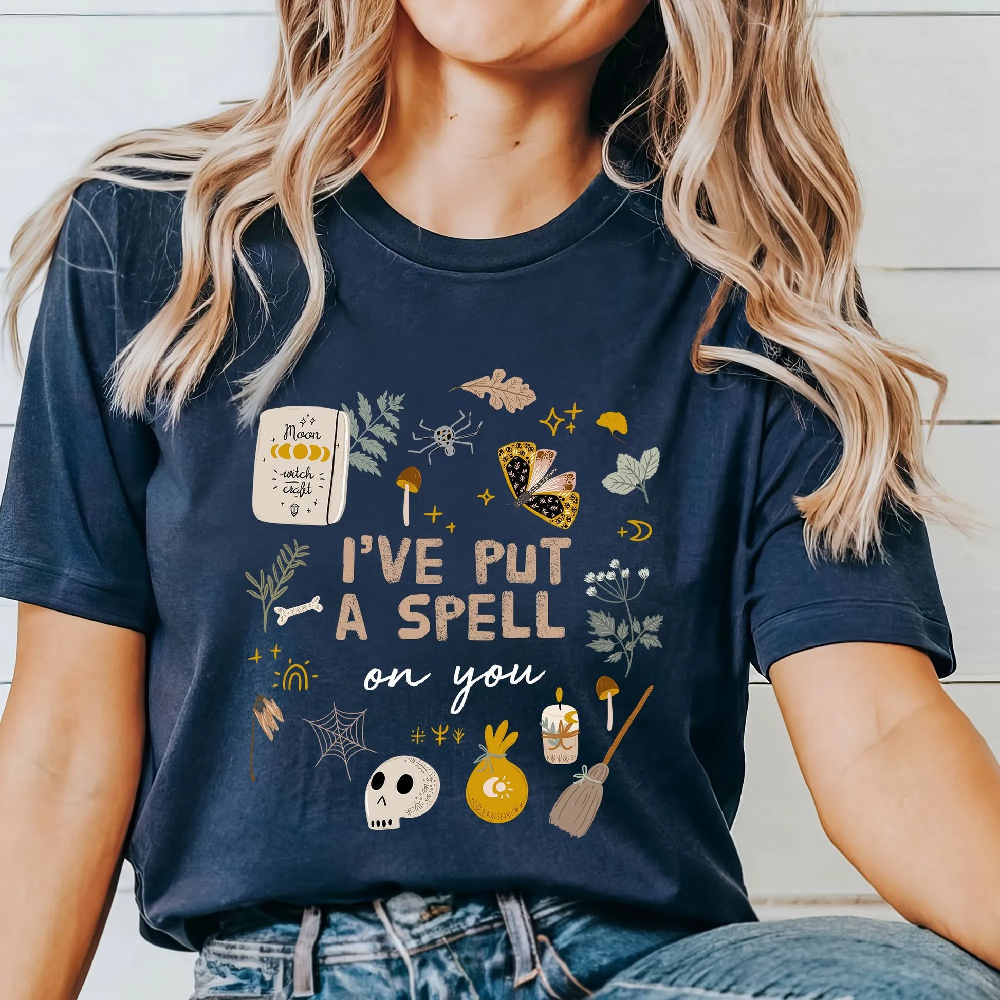 woman in 'I Put A Spell On You' Cottage witch Navy T-SHIRT 