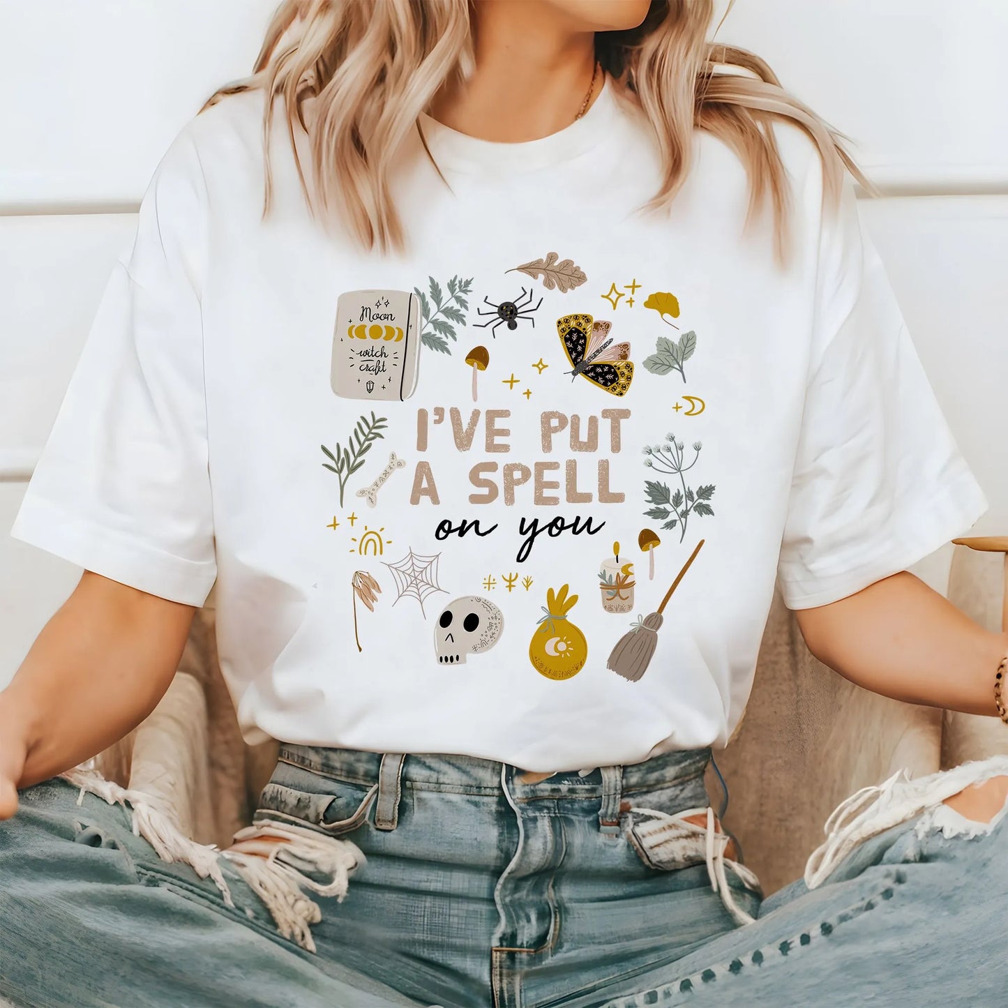 young lady in 'I Put A Spell On You' Cottage witch white T-SHIRT 