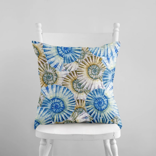  Watercolor Blue Seashells Nautica PILLOW from Blue Water Songs in white chair