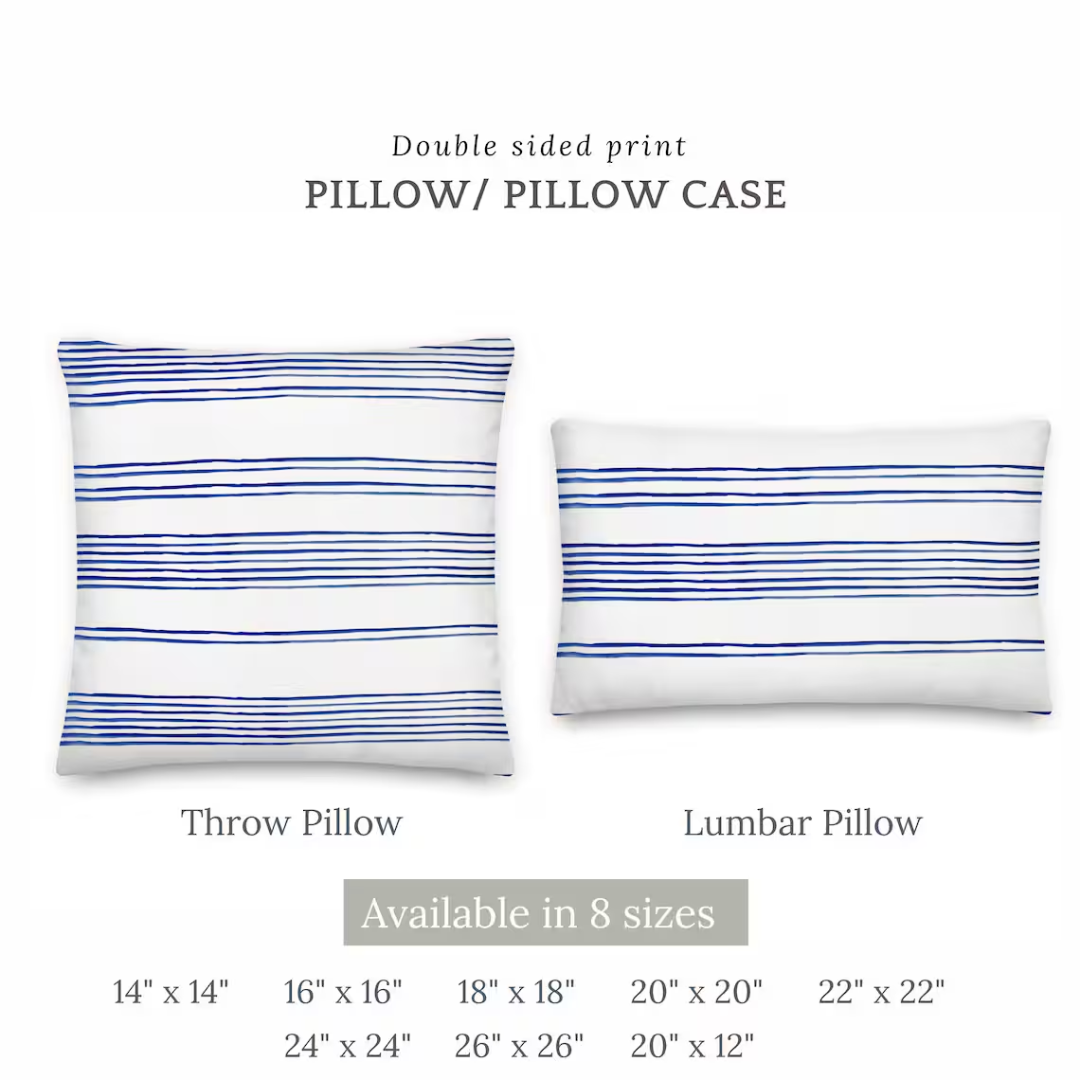 size description of Blue and White Stripes Hampton style Pillows from Blue Water Songs