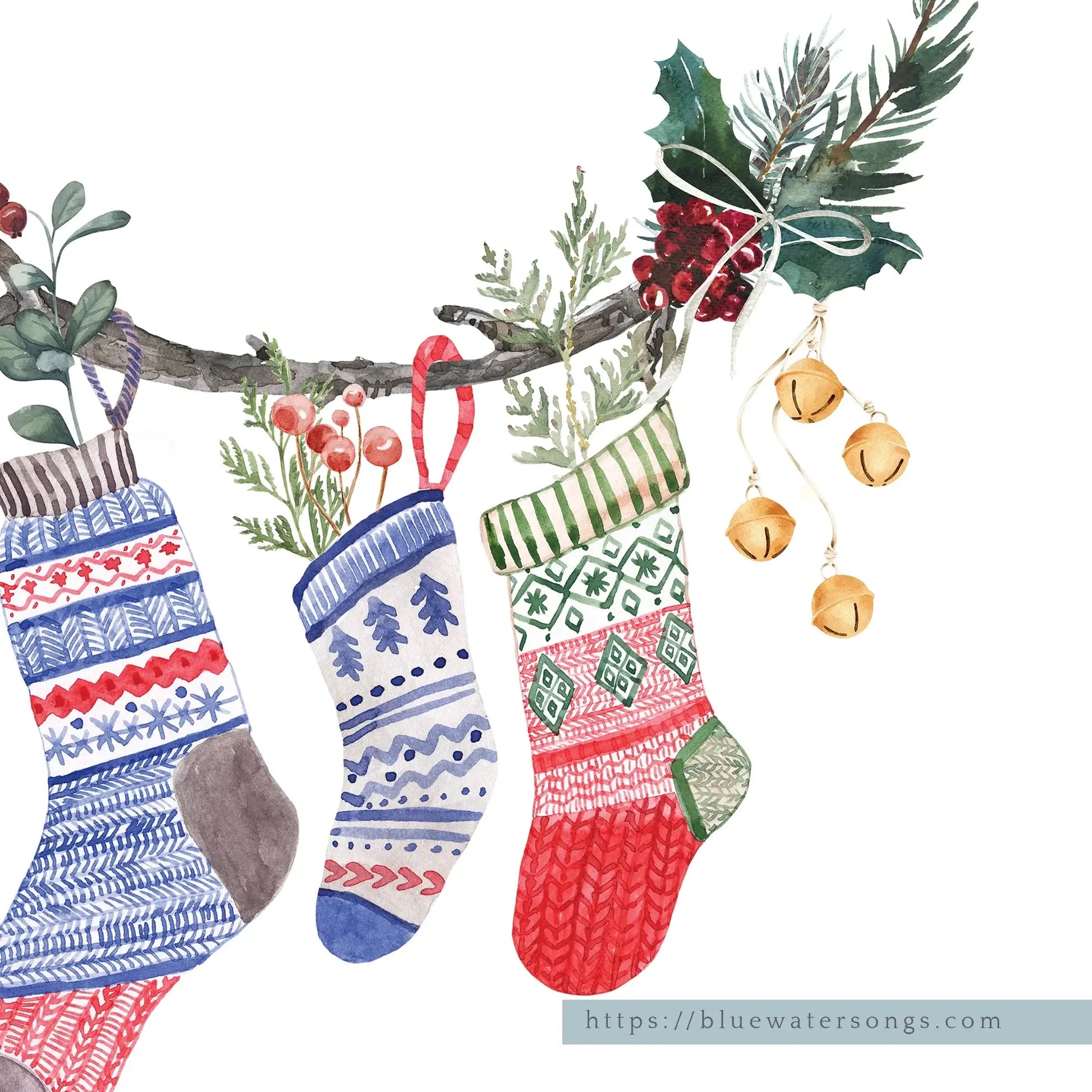 Watercolor Christmas Stocking Art Print featuring colorful hand-painted stockings and holiday decorations.