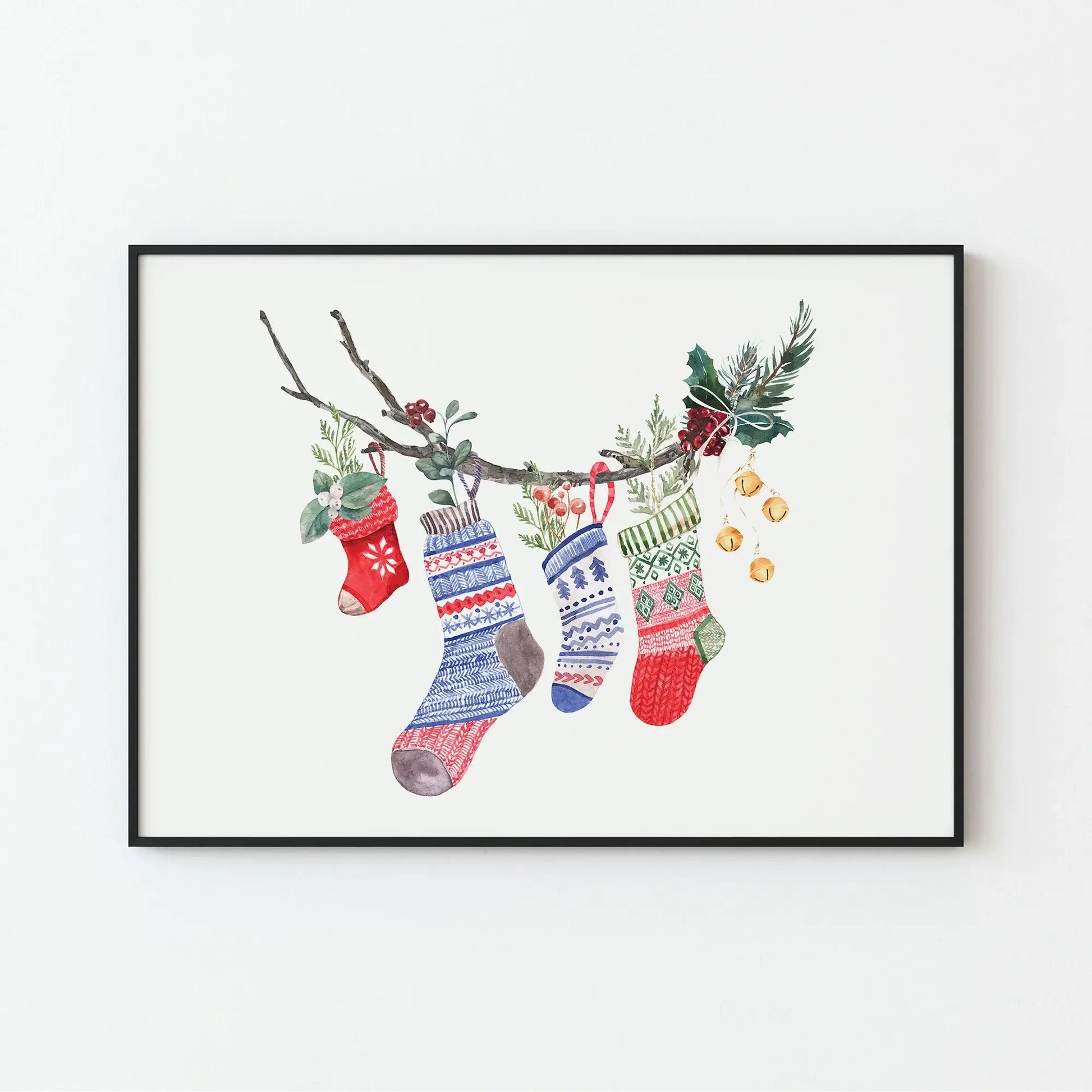 Watercolor Christmas Stocking Art Print featuring colorful stockings hanging from a branch, decorated for the holiday season.