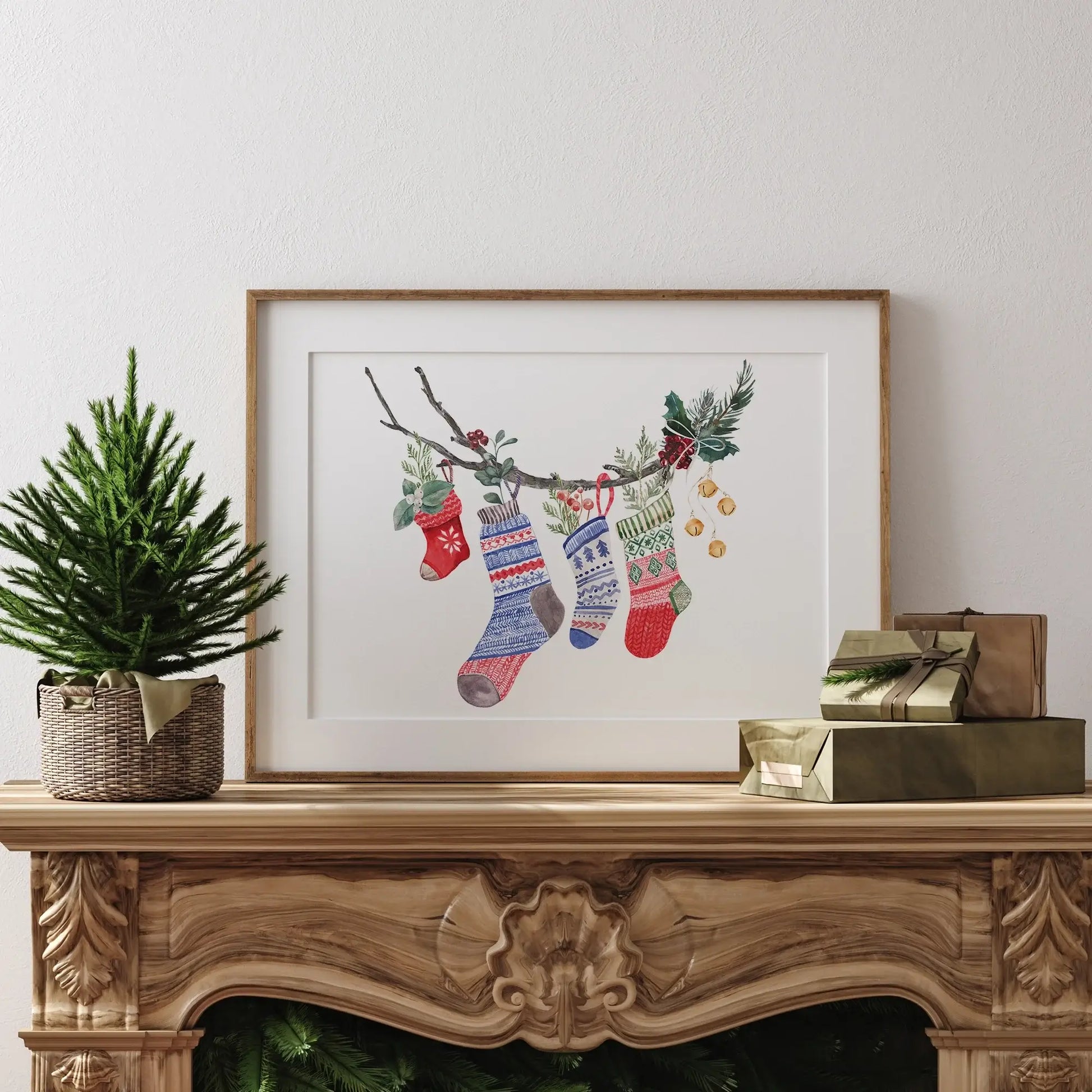 Watercolor Christmas Stocking Art Print featuring festive stockings hanging on a branch, perfect for holiday decor.