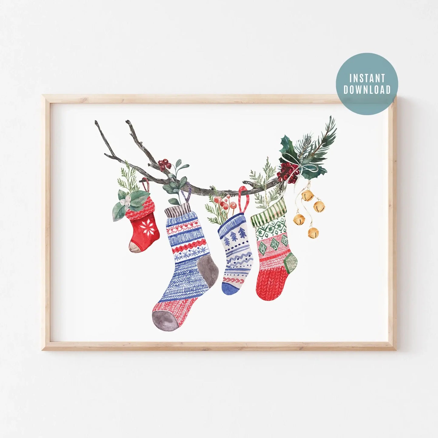 Watercolor Christmas Stocking Art Print featuring colorful hand-painted stockings hanging on a branch.