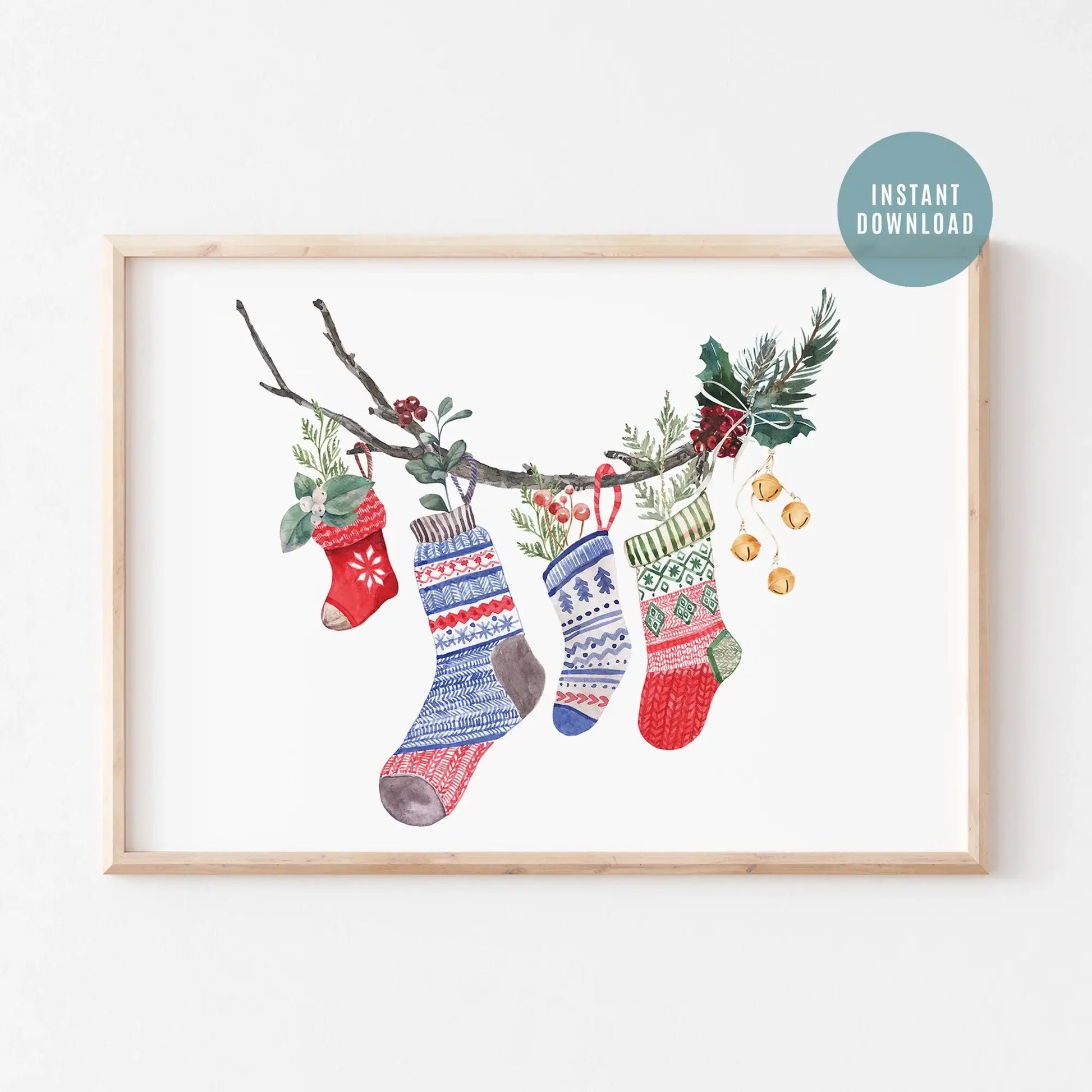 Watercolor Christmas Stocking Art Print featuring colorful hand-painted stockings hanging on a branch.