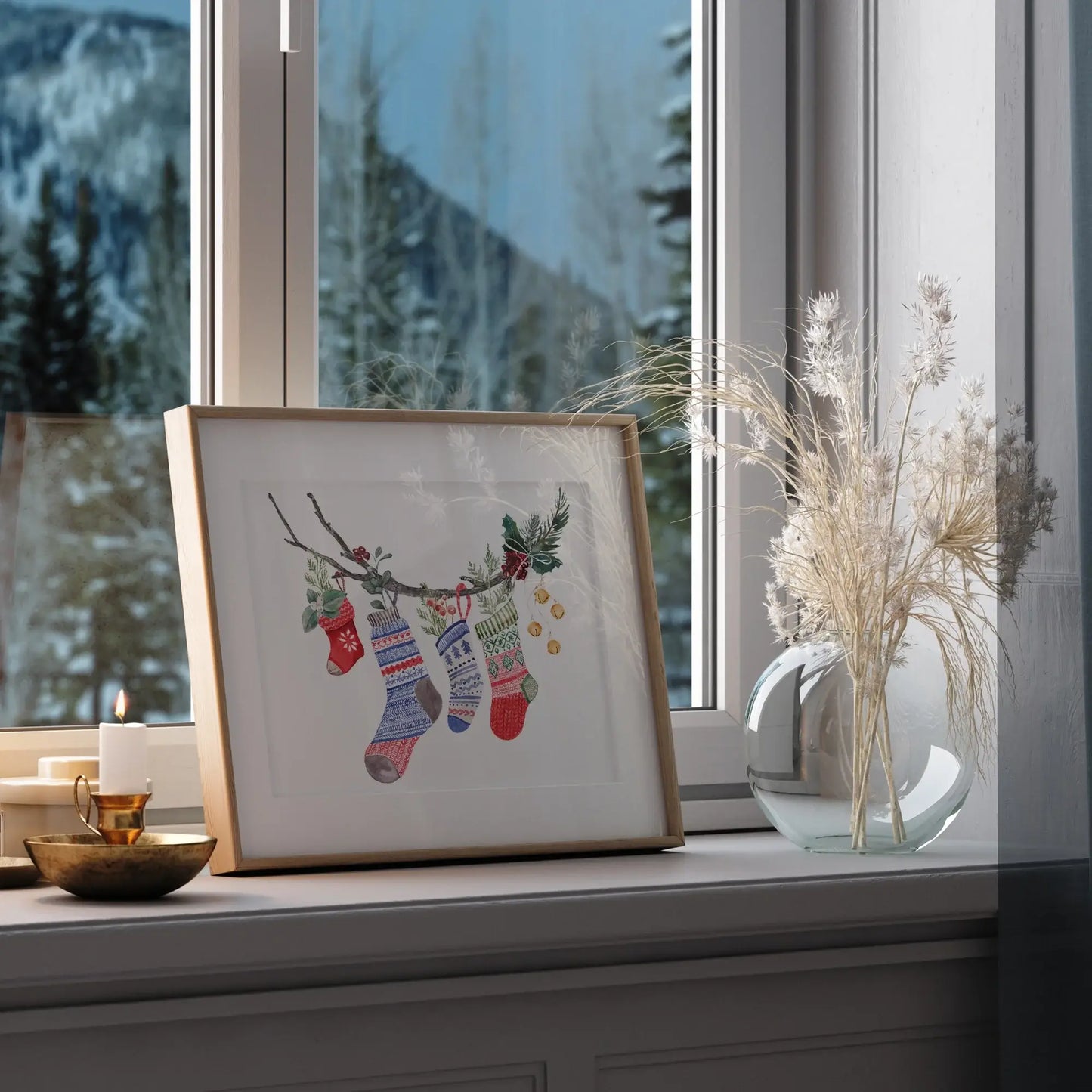 Watercolor Christmas Stocking Art Print displayed in a cozy window setting, enhancing holiday spirit and warmth.