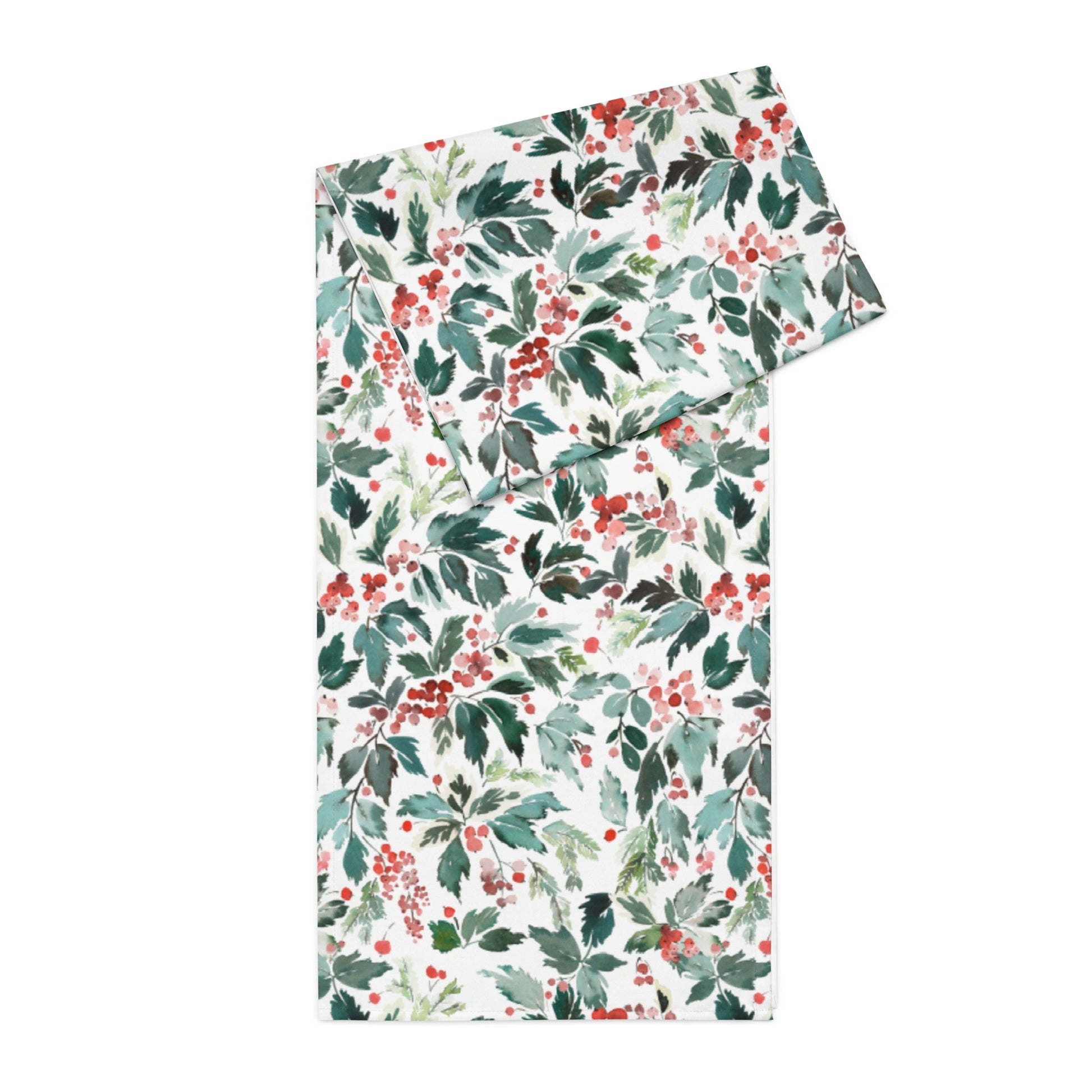 Watercolor Christmas Table Runner featuring a vibrant design of red holly and green leaves.