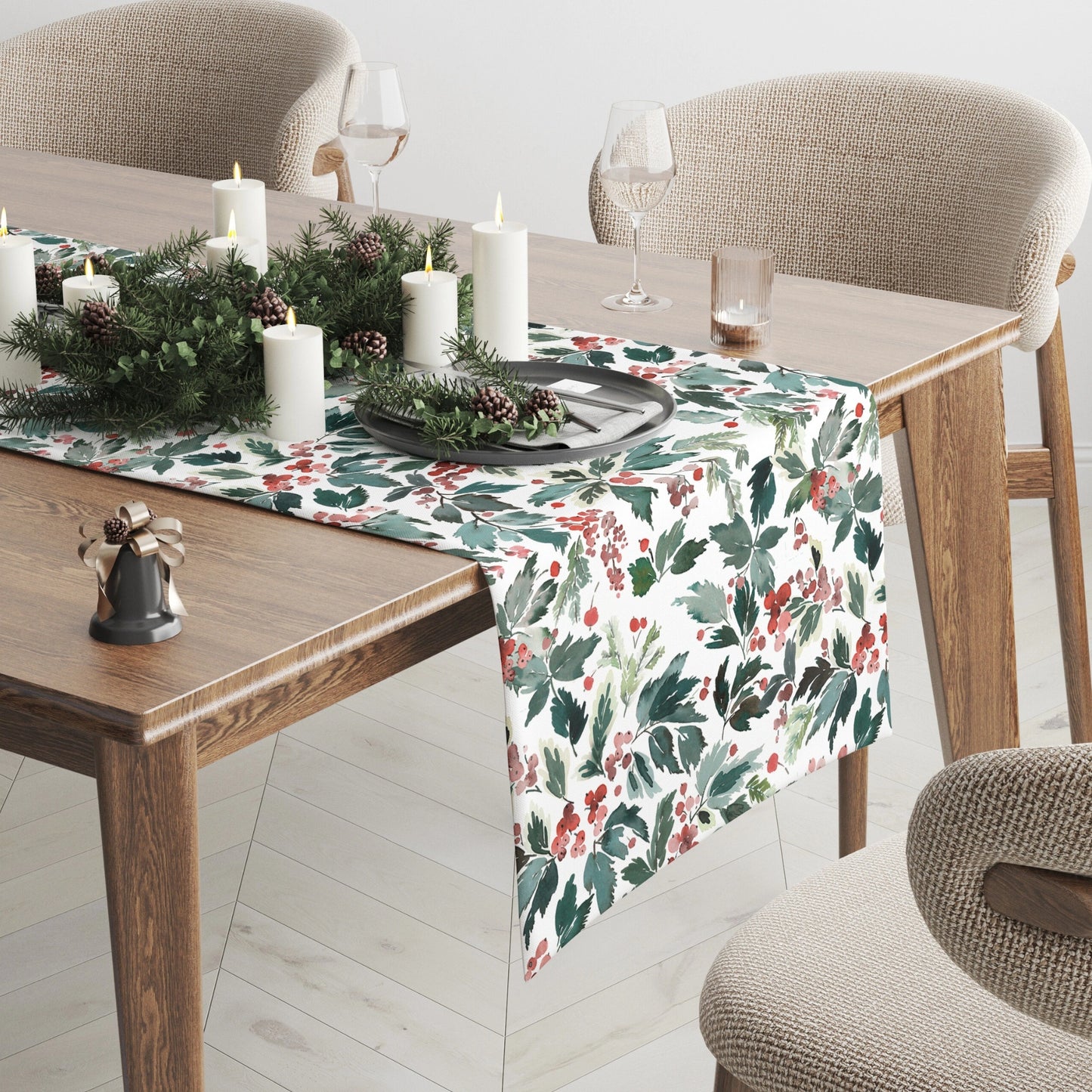 Watercolor Christmas Table Runner featuring red holly and green leaves on a dining table with candles and greenery.