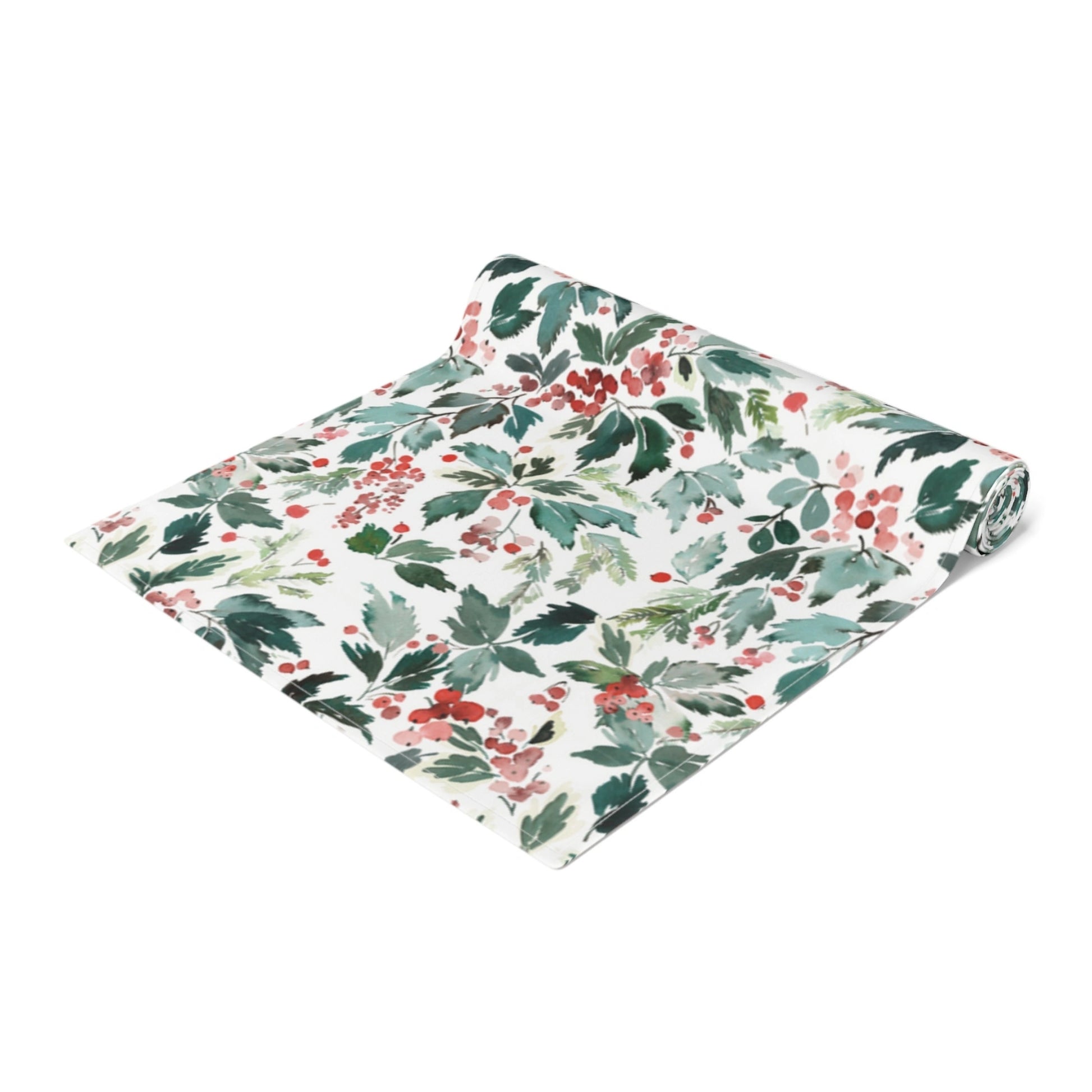 Watercolor Christmas Table Runner featuring red holly and green leaves design on a white background.