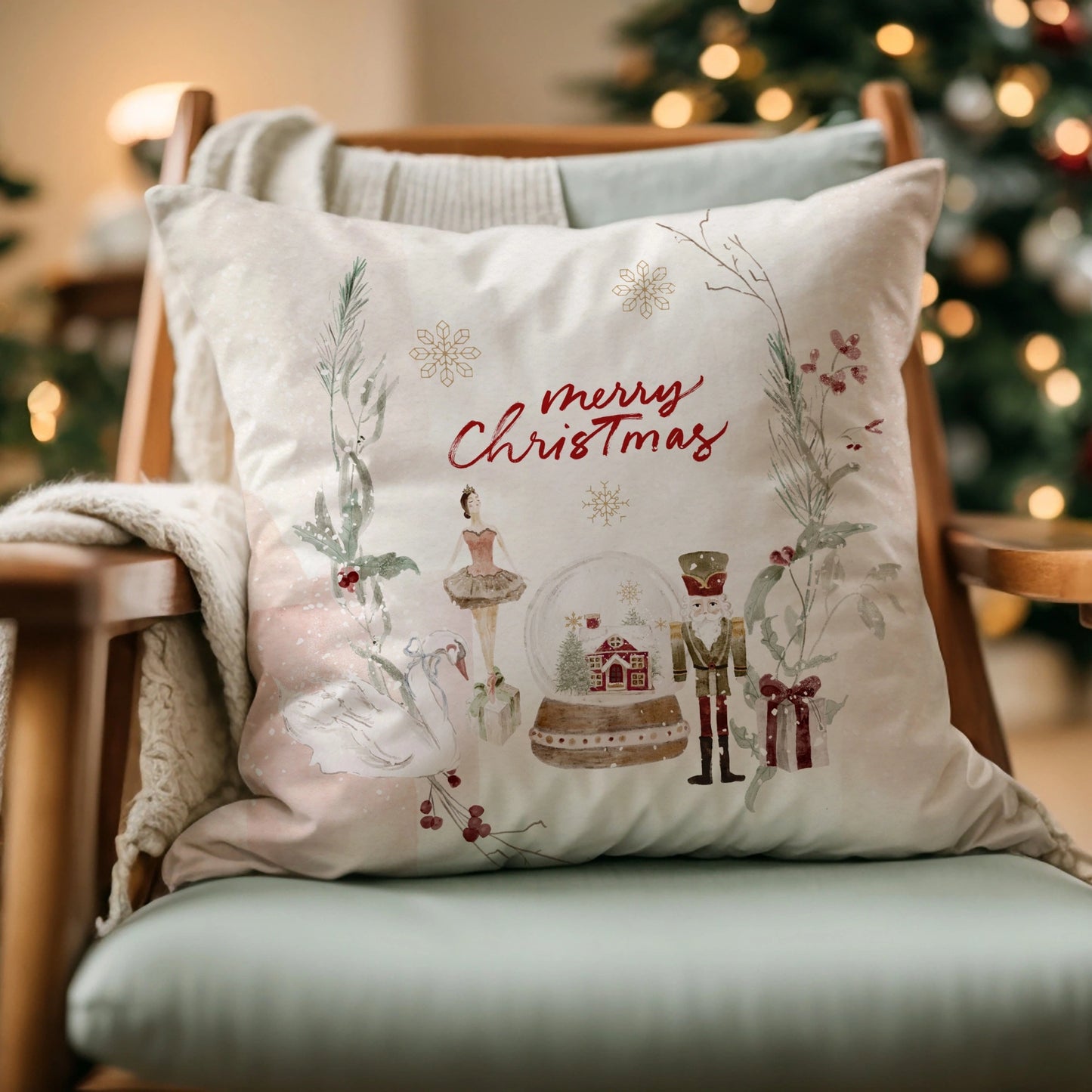 Ballet Christmas Pillow Cover featuring a watercolor nutcracker and festive design for holiday decor