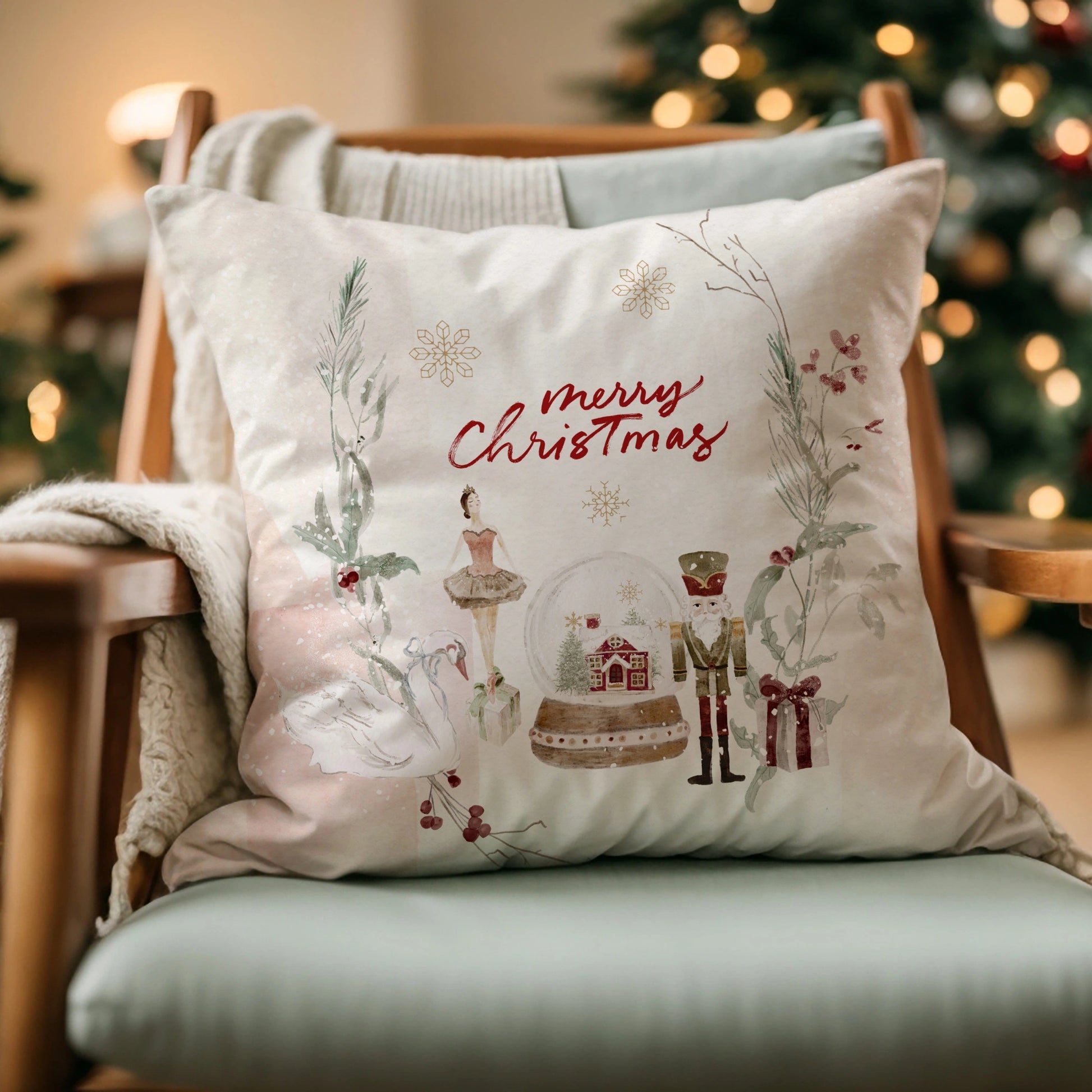 Ballet Christmas Pillow Cover featuring a watercolor nutcracker and festive design for holiday decor