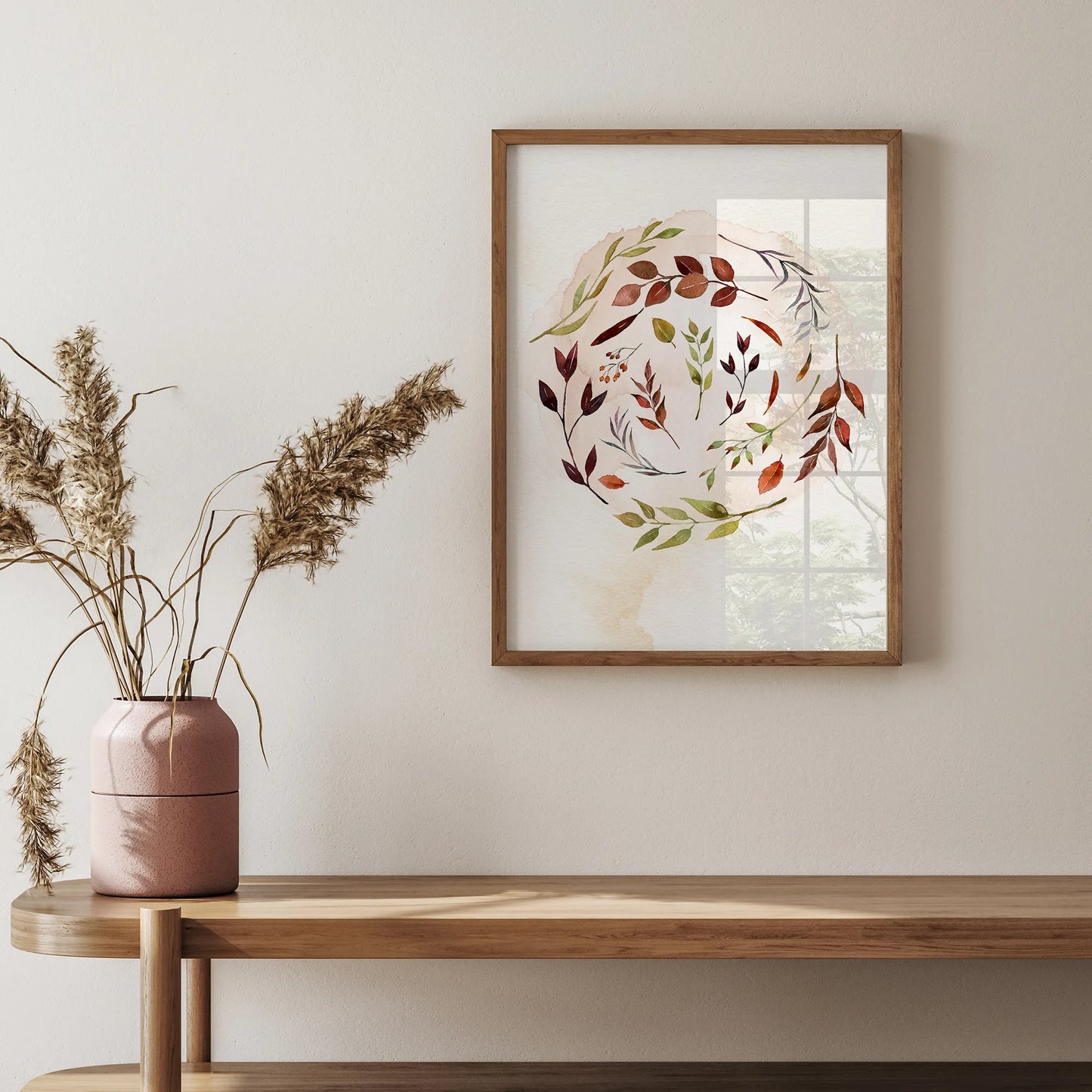 Watercolor Autumn leaves wall art from Blue Water Songs hanging above the wood shelf