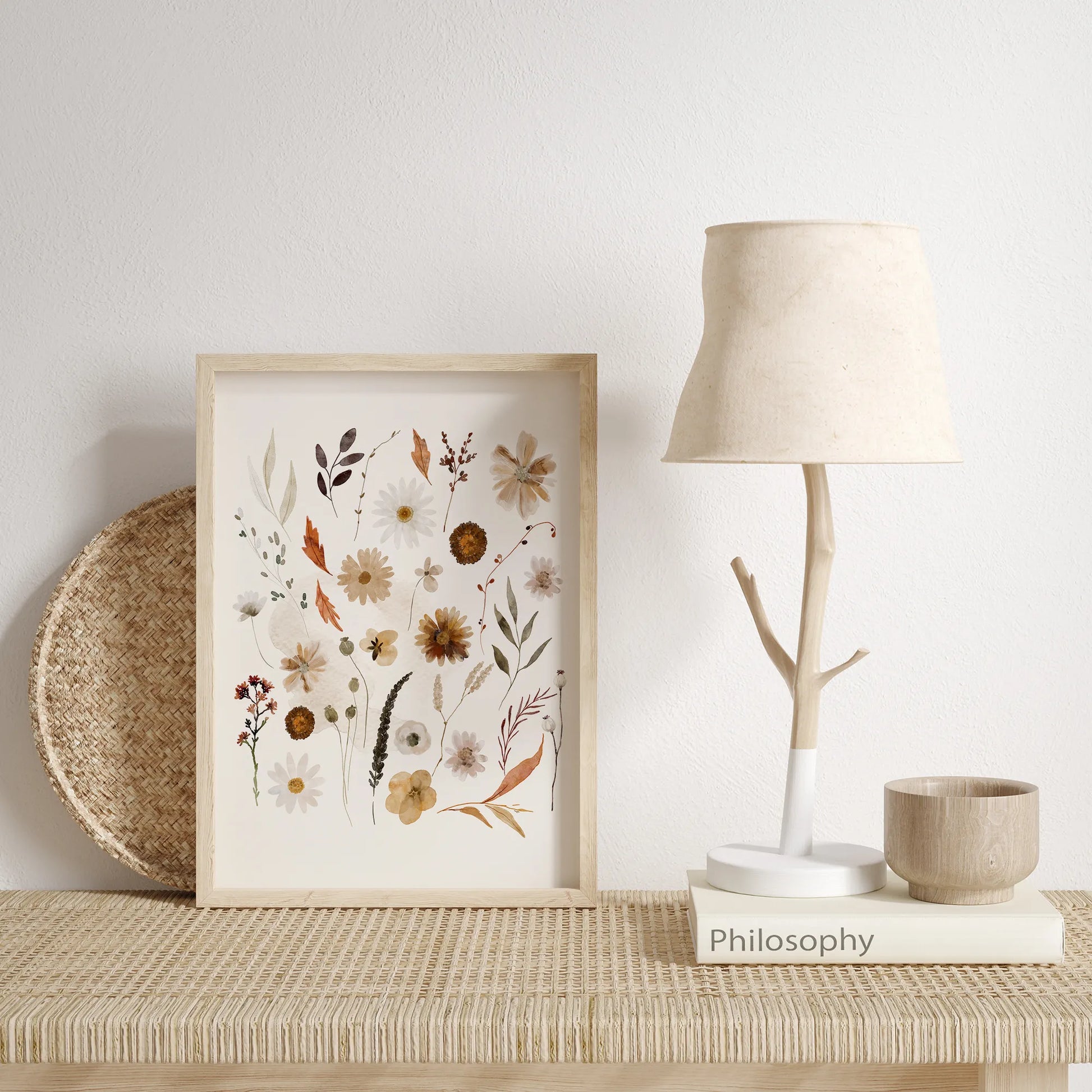 rattan shelf with Wildflowers Autumn Art Prints – Digital Download from Blue Water Songs on it and lamp