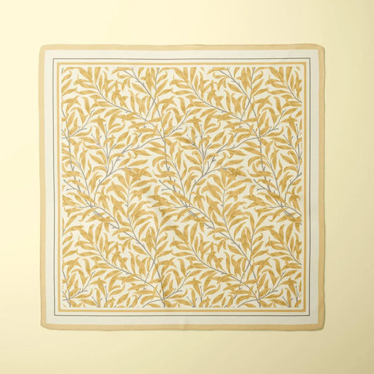 William Morris Silk Scarf Blue Willow Boughs featuring intricate botanical patterns in earthy tones on a soft background.